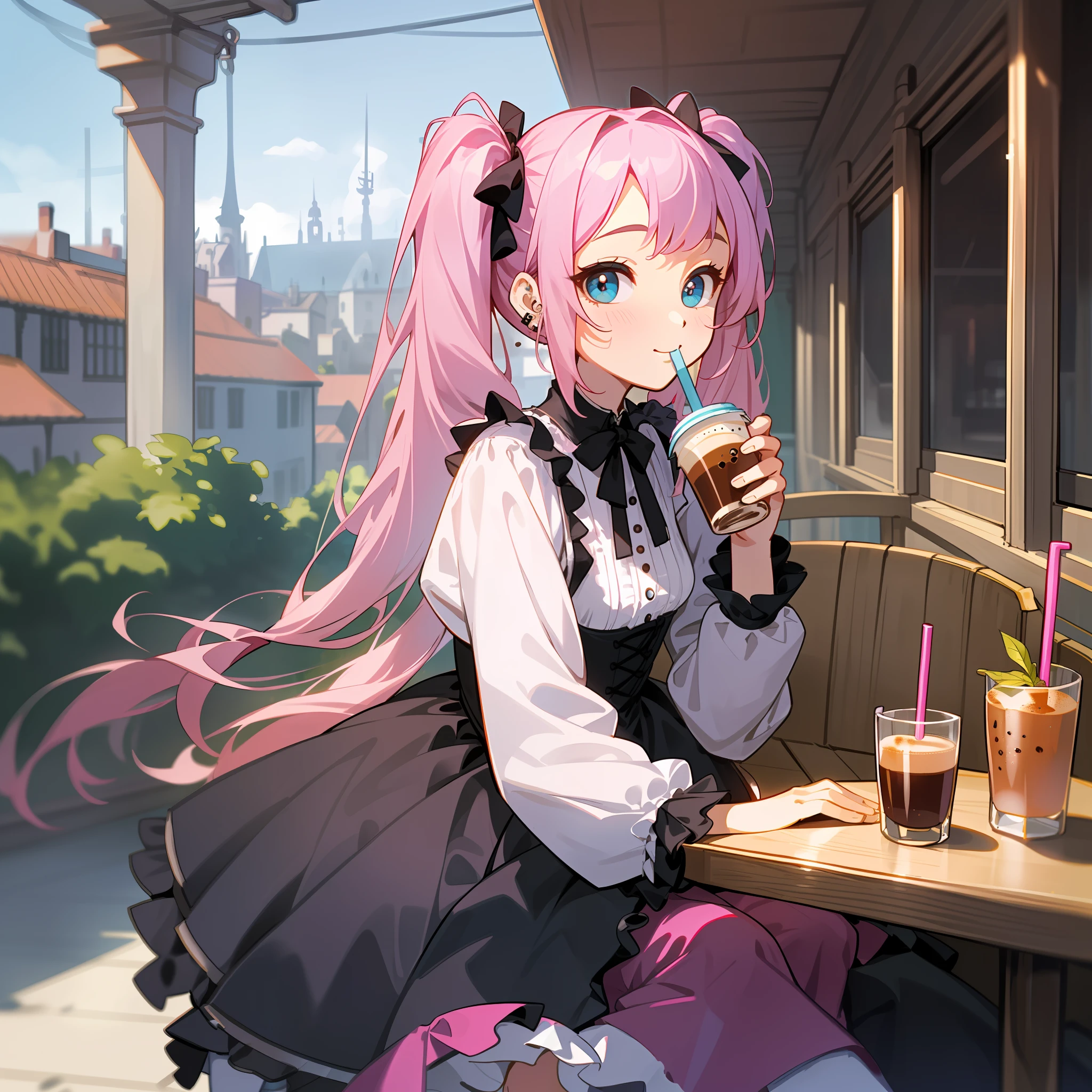 Masterpiece, hyper quality, Hyper Detailed, Perfect drawing,Hi-Res、1girll,ssmile、Loose and fluffy hair、(((drills twintails)))、A pink-haired、Big eyes with double eyelids、lofty nose、blusher(0.2)、small mouth、ear piercings、(((ta Fashion)))、Clothes with lots of lace and frills、Dresses in pastel colors、White or pink clothes、Premium Services、Luxury underwear、a miniskirt,knee high socks(:1.5),(garterbelts)、(((cafeteria)))、open terrace、((Terrace seating))、(((Sit on a chair and drink coffee)))、Put your left hand on the saucer、Hold the coffee cup in your right hand、blue-sky、Summer colors、Sunlight、Walking trail、Street Trees、Shooting from diagonally below, portlate、beatiful backgrounds, meticulous drawing, Accurate drawing、Perfect illustration、Perfect Beautiful Girl、high-class sense、