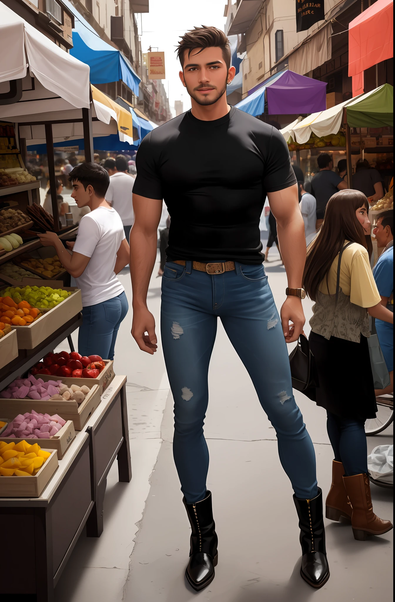 Handsome, manly street vendor, in a bustling and lively street market filled with vendors selling an array of goods, vibrant atmosphere, delightful aromas, diverse range of people, wear in black round neck plain Tee-shirt, full length tee-shirt, khaki tight jeans, ankle boots, tight jeans.
