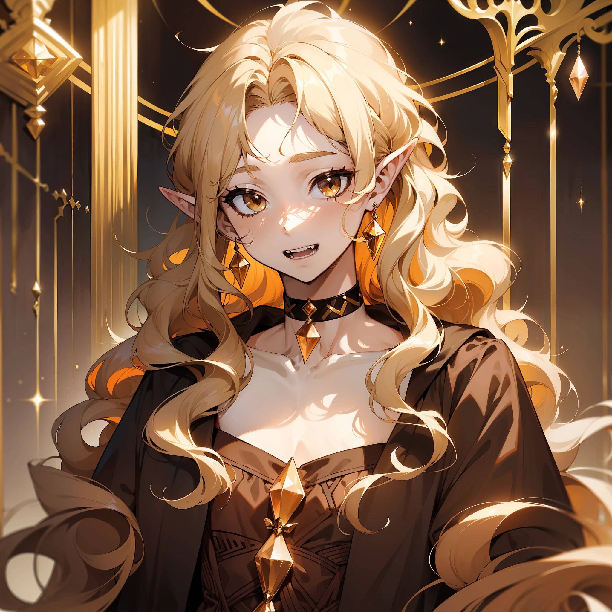 ((young man)), (((one person))), (((single))), (((solo))), (slim body), (((flat chest))), ((pale skin)), (((light blonde hair))), ((pointy ears)), (((very poofy hair))), ((very fluffy hair)), (((wavy hair))), (((very long hair))), ((full hair)), (((dark brown colored eyes))), (((dark brown eyes))), cute face, ((fantasy style)), (((brown choker))), (brown colored choker), (((male))), guy, boy, (((wearing fantasy style clothes))), (((patterns on the clothes))), magic, (((brown colored clothes))), (((brown clothes))), embroidery on clothes, ((white crystal gemstone on the choker)), fangs