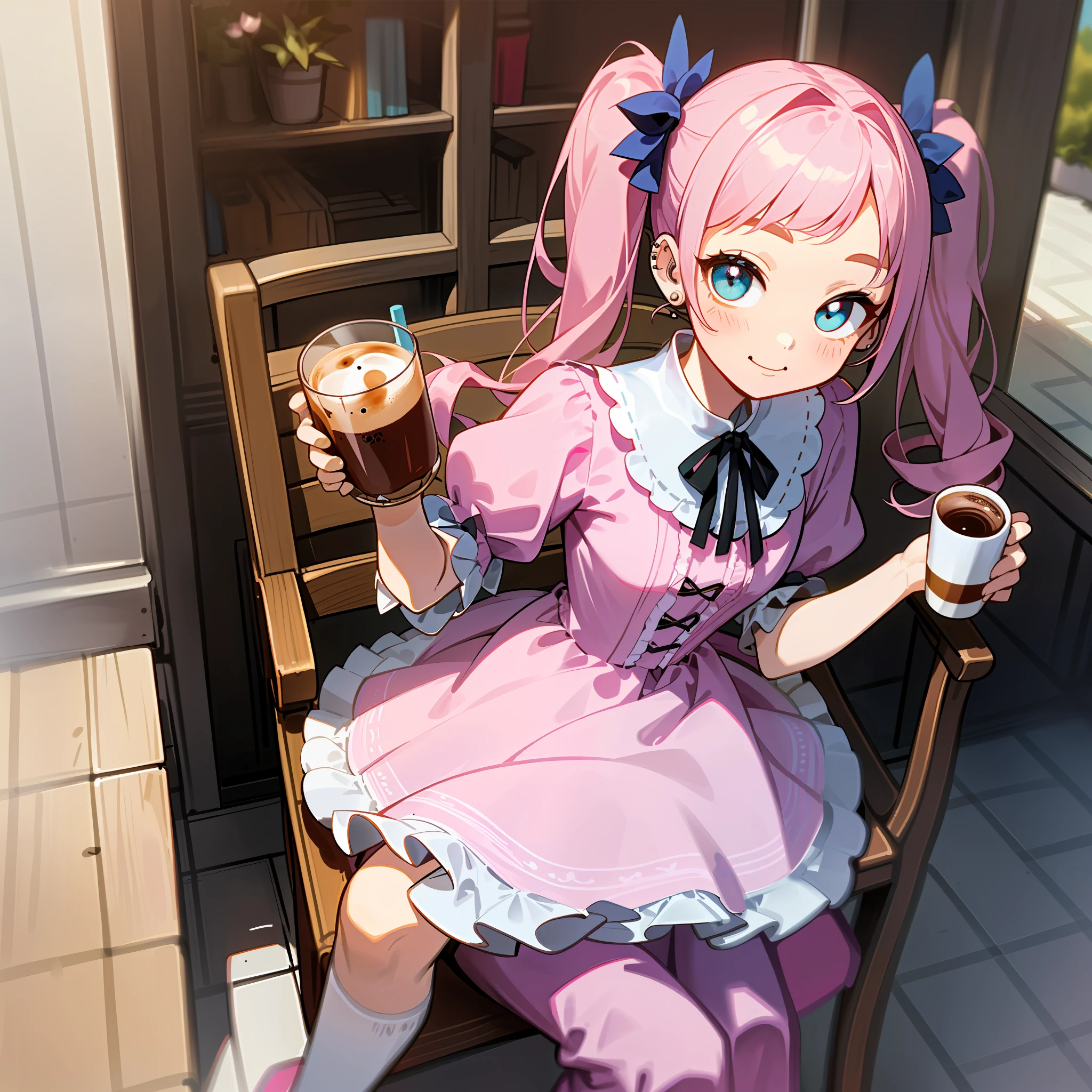 Masterpiece, hyper quality, Hyper Detailed, Perfect drawing,Hi-Res、1girll,ssmile、Loose and fluffy hair、(((drills twintails)))、A pink-haired、Big eyes with double eyelids、lofty nose、blusher(0.2)、small mouth、ear piercings、(((Lolita Fashion)))、Clothes with lots of lace and frills、Dresses in pastel colors、White or pink clothes、Premium Services、Luxury underwear、a miniskirt,knee high socks(:1.5),(garterbelts)、(((cafeteria)))、open terrace、((Terrace seating))、(((Sit on a chair and drink coffee)))、Put your left hand on the saucer、Hold the coffee cup in your right hand、blue-sky、Summer colors、Sunlight、Walking trail、Street Trees、Shooting from diagonally below, portlate、beatiful backgrounds, meticulous drawing, Accurate drawing、Perfect illustration、Perfect Beautiful Girl、high-class sense、