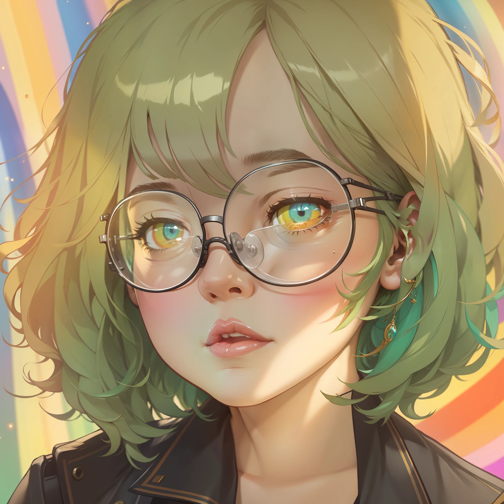 short detailed hair,wears glasses,Slightly fat,femele,rainbow background