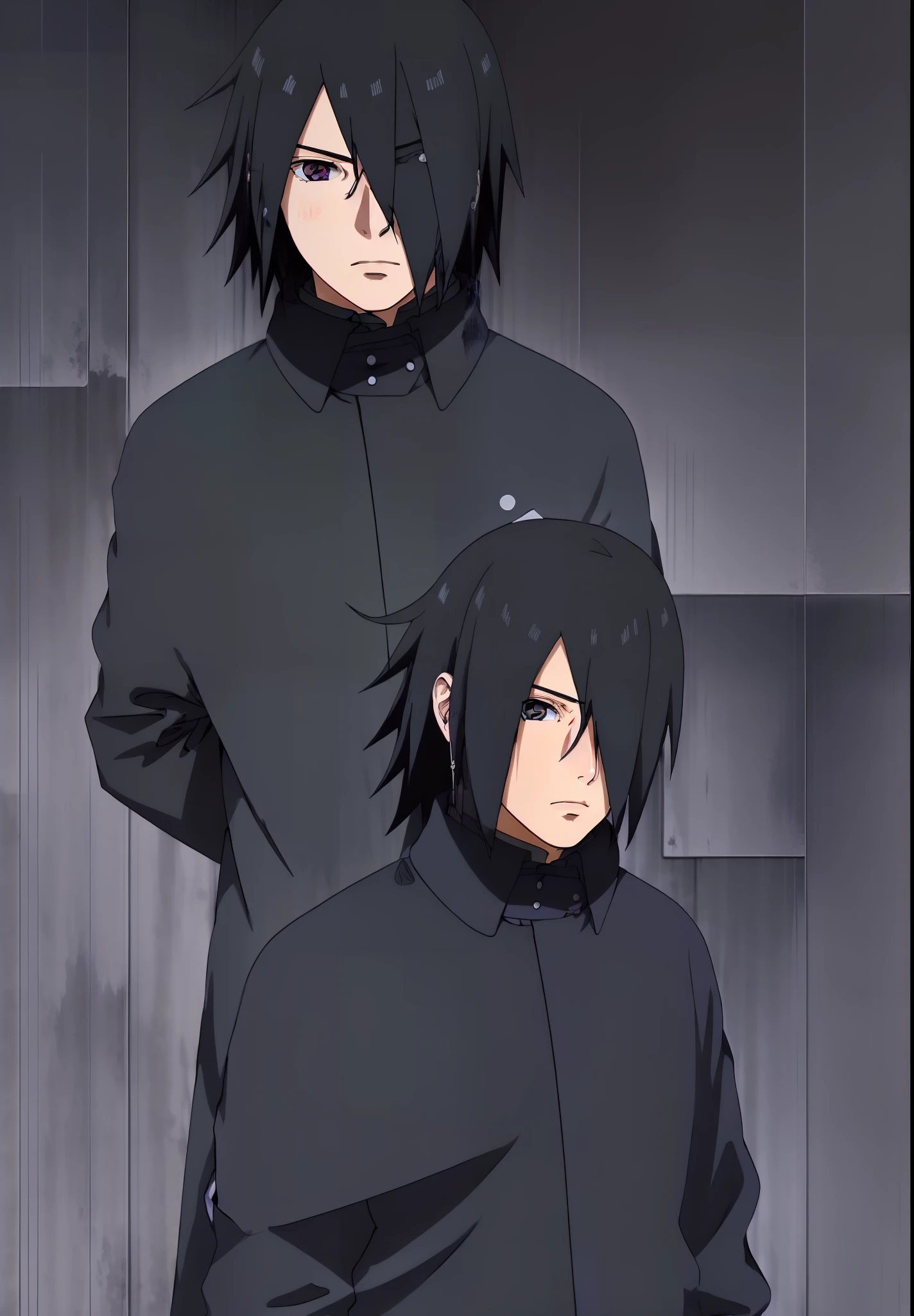 Sasuke Boruto, macho masculino, macho musculoso, cabelo preto, grandes peitorais, capa azul, solo, ao ar livre, chuva, neo cidade, olhos vermelhos, volumeric lighting, melhor qualidade, obra-prima, detalhes intrincados, mapeamento de tom, foco nítido, hiper detalhado, realista , estilo bed-boy