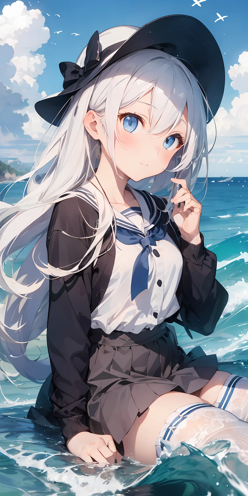 1girl, beautiful detailed eyes, long white hair, light blue eyes, school uniform, high white stocking, lustrous skin, seaside, beach, waves, high contrast, ((masterpiece, best quality))