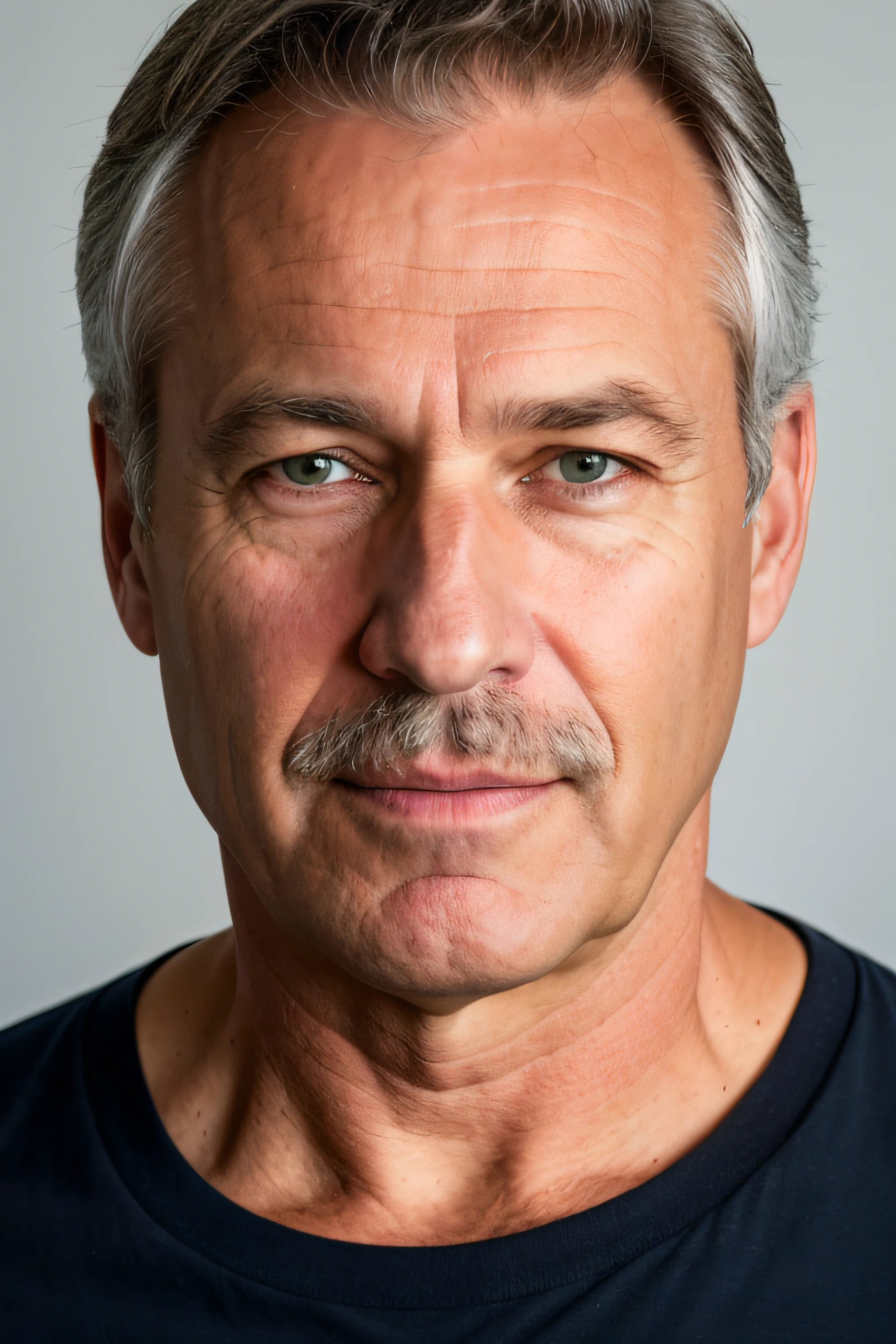 "High-quality RAW photo: Portrait of a friendly 55-year-old Caucasian man wearing a dark blue shirt. He is standing against a plain white background, showcasing natural skin tones. Shot in 8K UHD resolution with film grain aesthetics, resembling Fujifilm XT3."