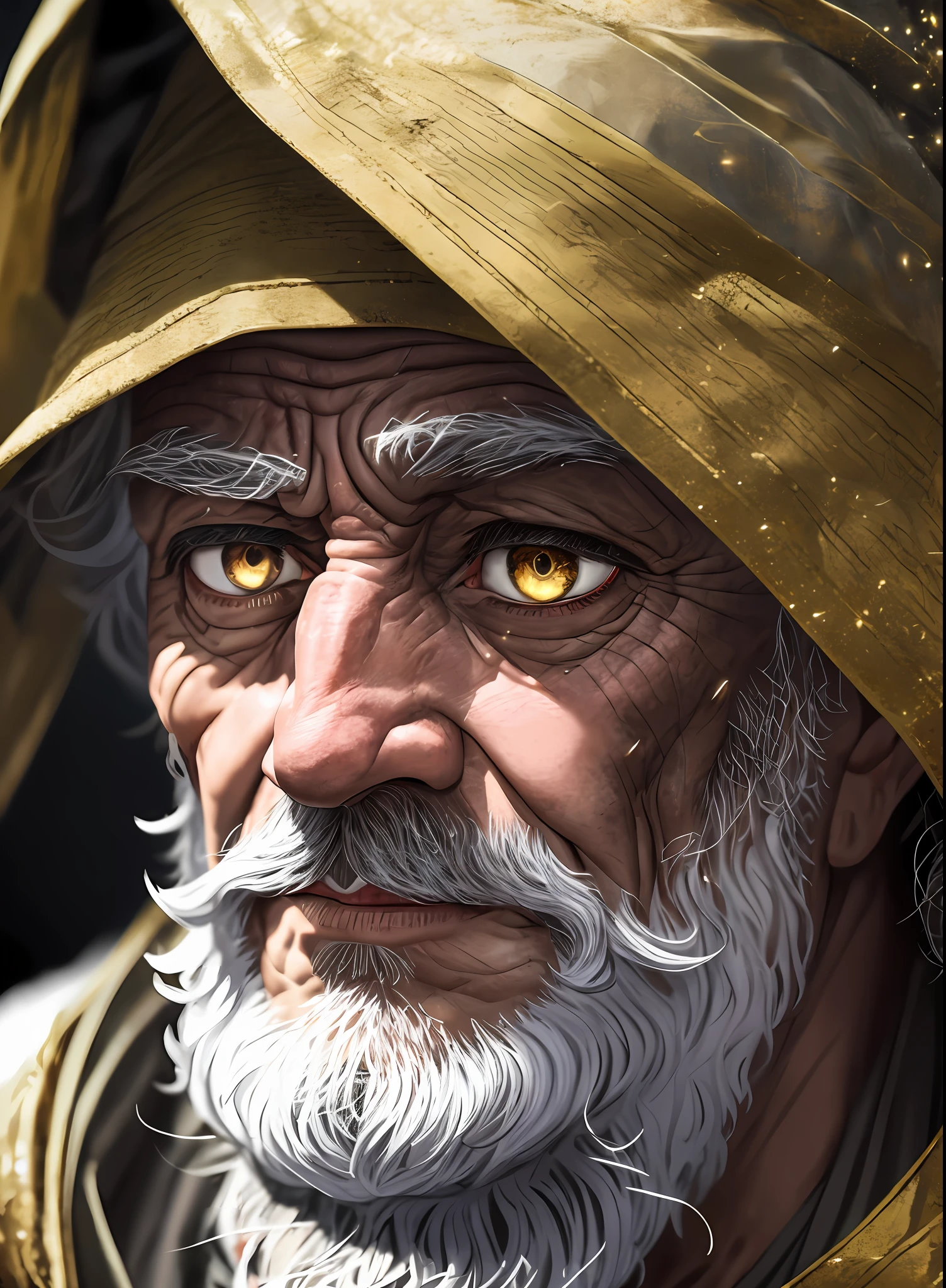 An epic close up portrait of elderly intense sinister eyes, and nose with long white beard, framed with a faded ancient tattered white linen hood, reflecting gold sparks in the irises of the eyes, white eyebrows, at night, dramatic lighting, high contrast, highest definition, hyperrealism, hyperrealistic, photorealistic, high resolution, hdr photography, 8k --auto --s2