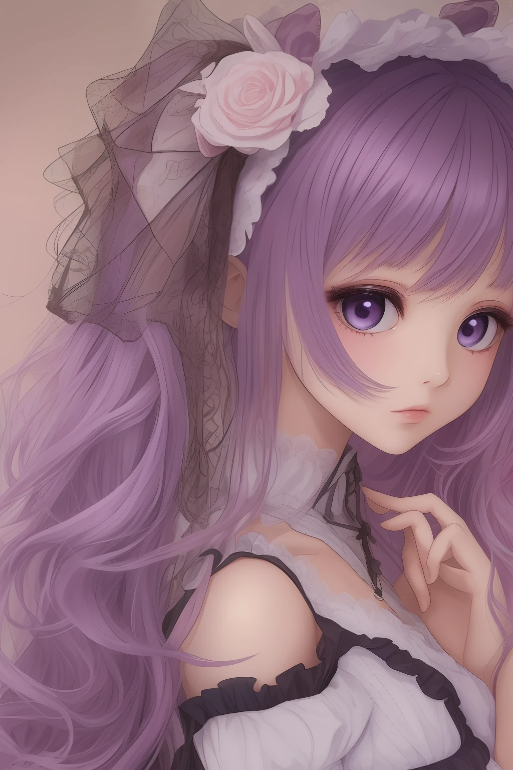 a cute girl with purple curly hair, clothing doll ta lace style: anime --auto --s2