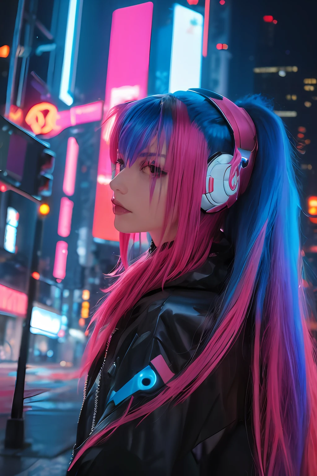 ((cyberpunk)), vary blue and red and orange and pink hard light, intricate light, portrait of a robotic girl with pink hair and headphones in a city at night with neon lights and buildings in the background, in the Sci-fi City at night, white and intricate clothes, dynamic hair, haircut, dynamic fuzziness, beautiful and aesthetic, intricate light