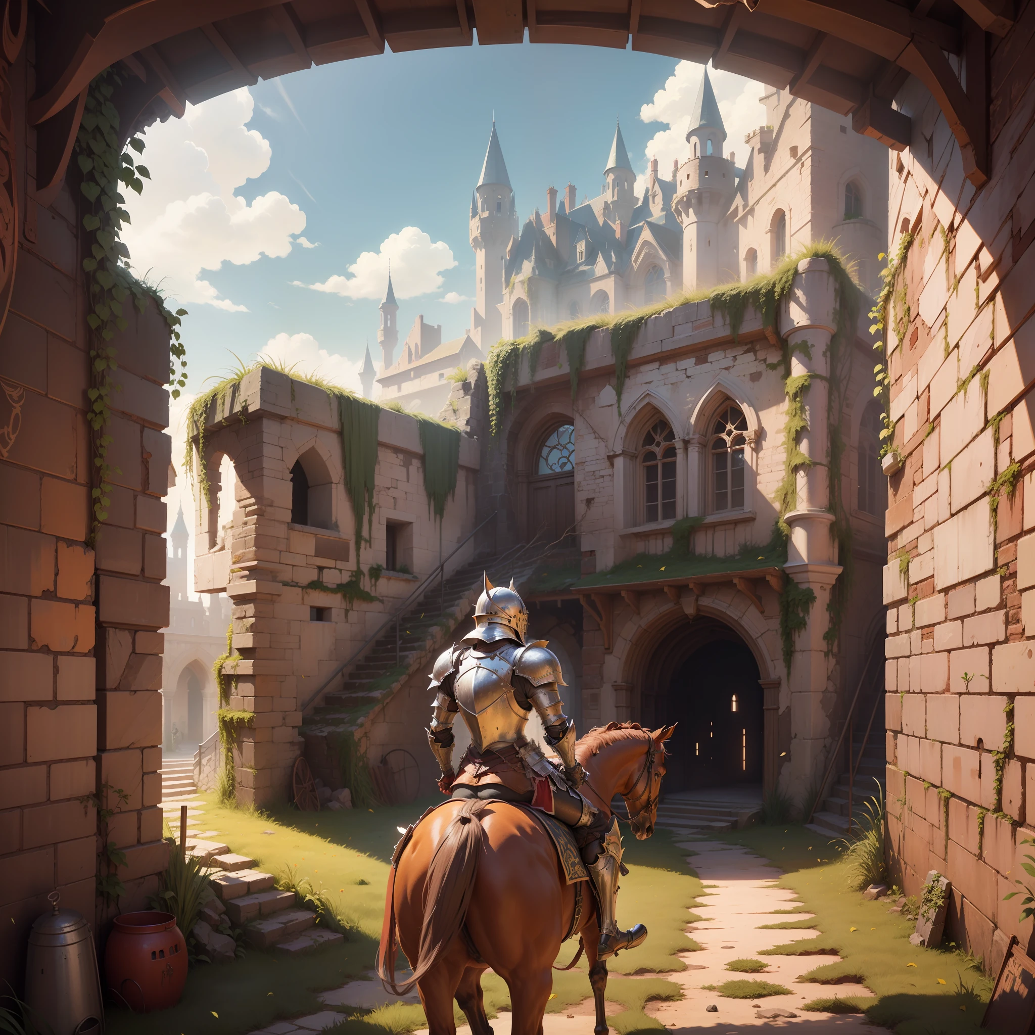 medieval castle, Ruins, grass, Creepers on the walls, A knight in armor riding a horse, intricate details, rusted