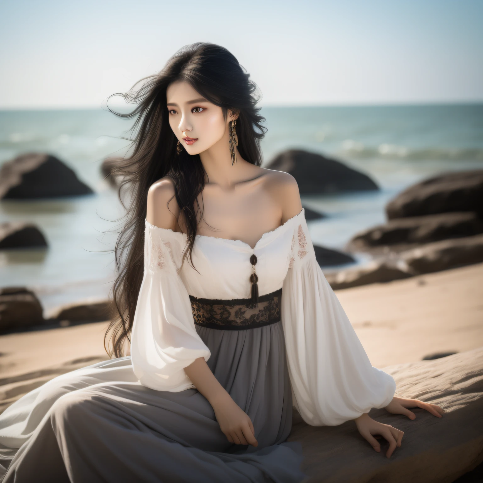 A most exquisite Chinese human beauty, long straight black hair, most exquisite, regular features, most beautiful girl, off-the-shoulder, beautiful girl sitting on the shore, soft, dreamlike quality, light white and dark brown, exaggerated features, solid color, frank Holly, light gray and light brown，realistic，Ultra high Resolution