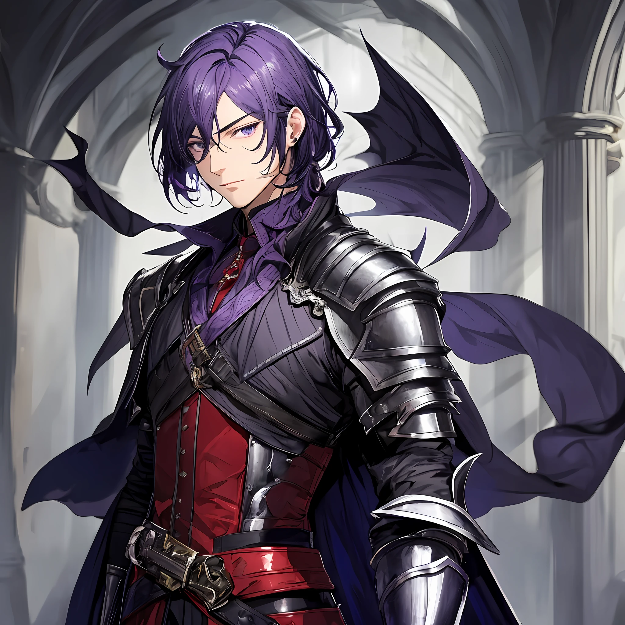 masterpiece, best quality, 1man, adult, male focus, solo, medium hair, black purpleish hair, vibrant black eyes, looking at viewer, cape, High quality metal texture, overcoat, closed mouth, upper body, bangs, high collar,(kbxll:0.6), Fantasy aesthetics, Highly detailed, shadowverse style, armored gloves, metallic gloves