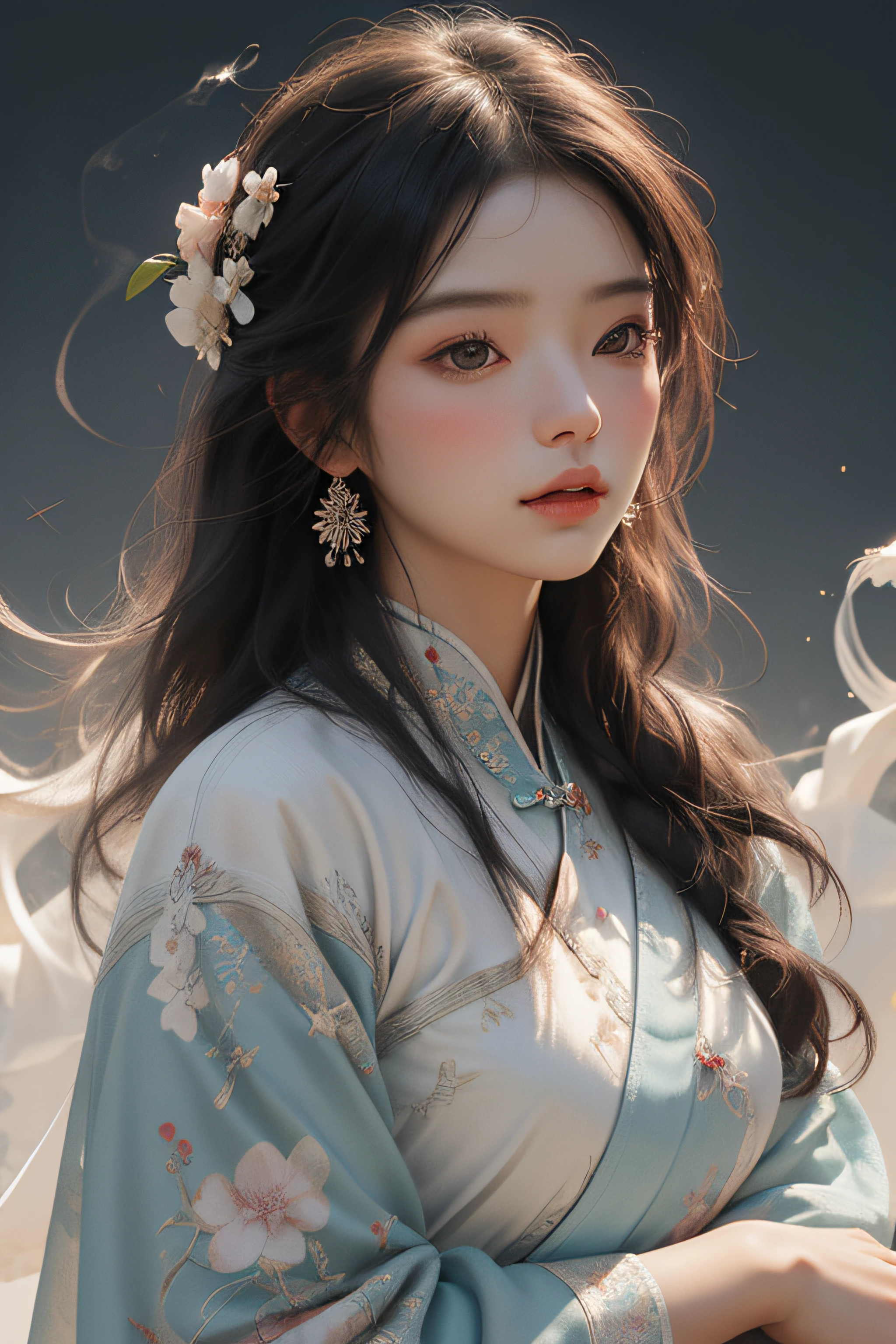 zhongfenghua, 1girl, solo, hanfu, ancient_chinese_architecture, flower field, blossom, (white smoke:1.3) (photorealistic:1.4), zentangle, mandala, entangle, official art, unity 8k wallpaper, ultra detailed, beautiful and aesthetic, masterpiece,best quality, (dynamic angle:1.4), glowing skin, (floating colorful sparkles:1) the most beautiful form of chaos, elegant, a brutalist designed, vivid colours, romanticism depth of field exotic_dance