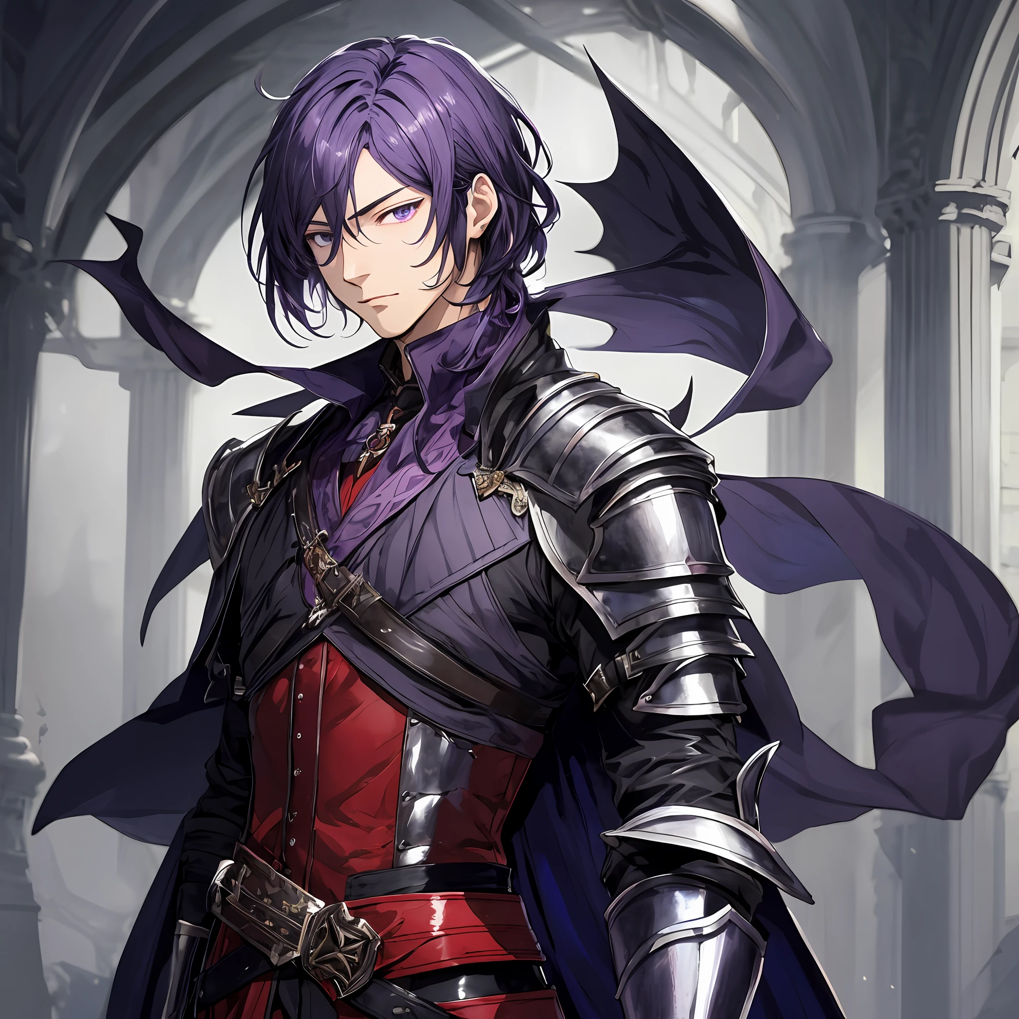 masterpiece, best quality, 1man, adult, male focus, solo, medium hair, black purpleish hair, vibrant black eyes, looking at viewer, cape, High quality metal texture, overcoat, closed mouth, upper body, bangs, high collar,(kbxll:0.6), Fantasy aesthetics, Highly detailed, shadowverse style, armored gloves, metallic gloves