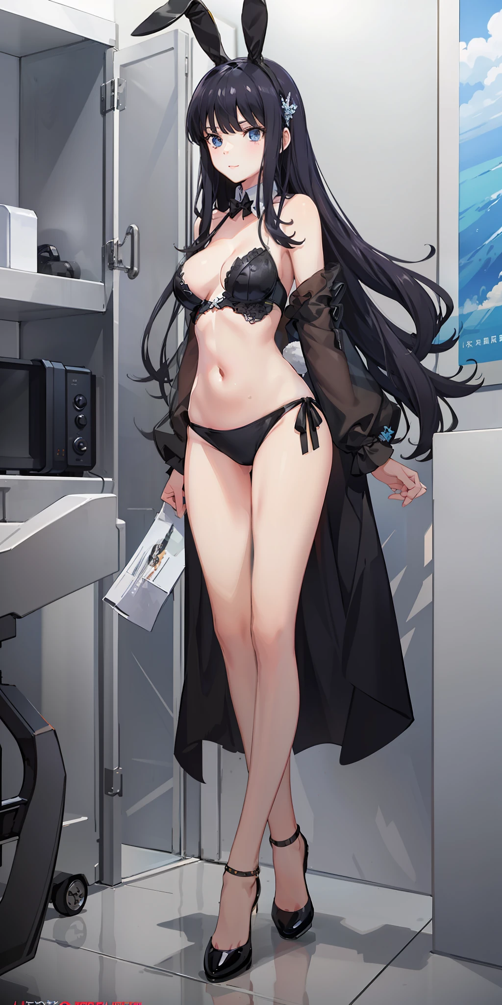 masterpiece, best quality, ultra-detailed, illustration,1girl,
long hair, black hair,
medium breast, slim legs, navel, nervous, bunny girl outfit