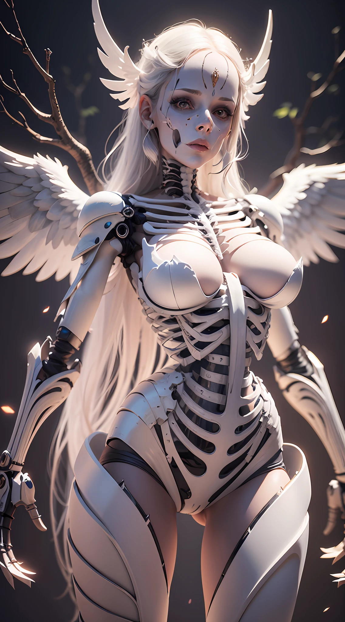 Woman with angelic body，Royal sister face， parfect anatomy， With technical skeleton parts， White， With clear eyes， angelicales， with fluorescent region， Background with a tree with fluorescent area， 8K， hentail realism， Full-HD， 3D --auto --s2