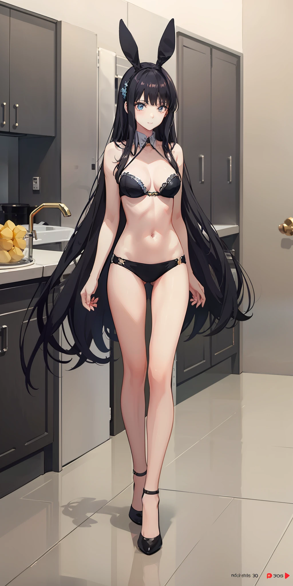 masterpiece, best quality, ultra-detailed, illustration,1girl,
long hair, black hair, 
medium breast, slim legs, navel, nervous,  bunny girl outfit