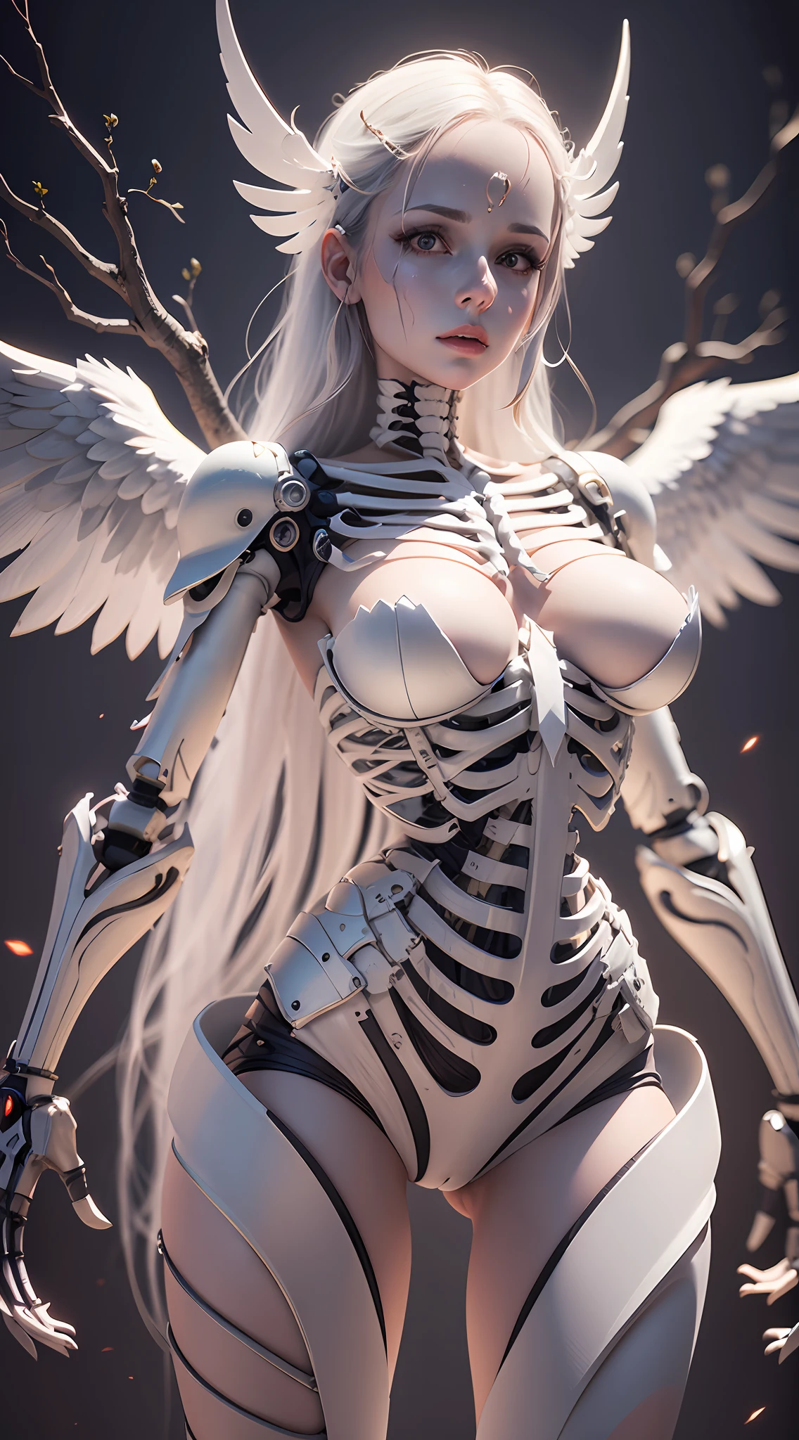 Woman with angelic body,Royal sister face, parfect anatomy, With technical skeleton parts, White, With clear eyes, angelicales, with fluorescent region, Background with a tree with fluorescent area, 8K, hentail realism, Full-HD, 3D --auto --s2