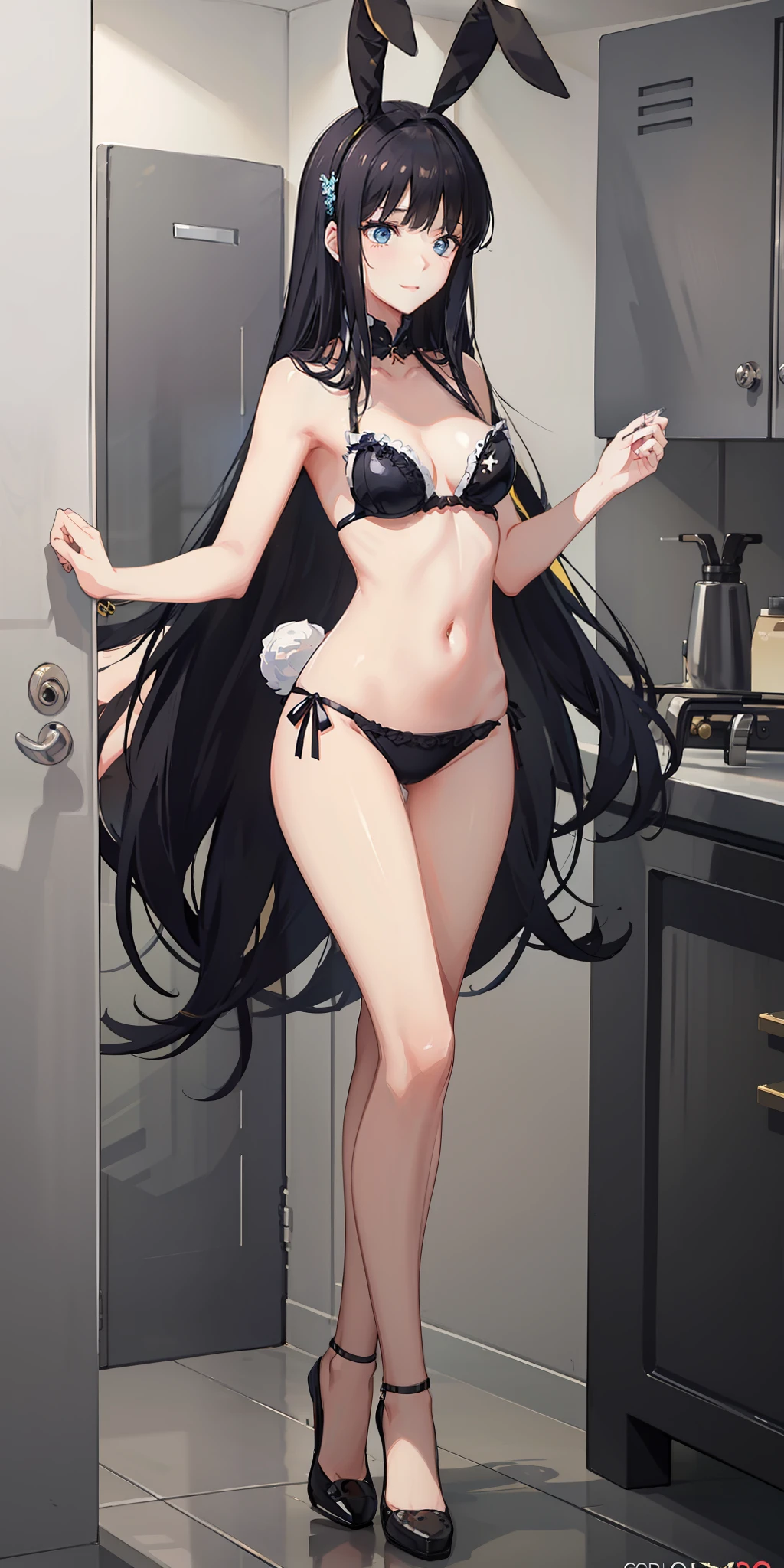 masterpiece, best quality, ultra-detailed, illustration,1girl,
long hair, black hair,
medium breast, slim legs, navel, nervous, bunny girl outfit