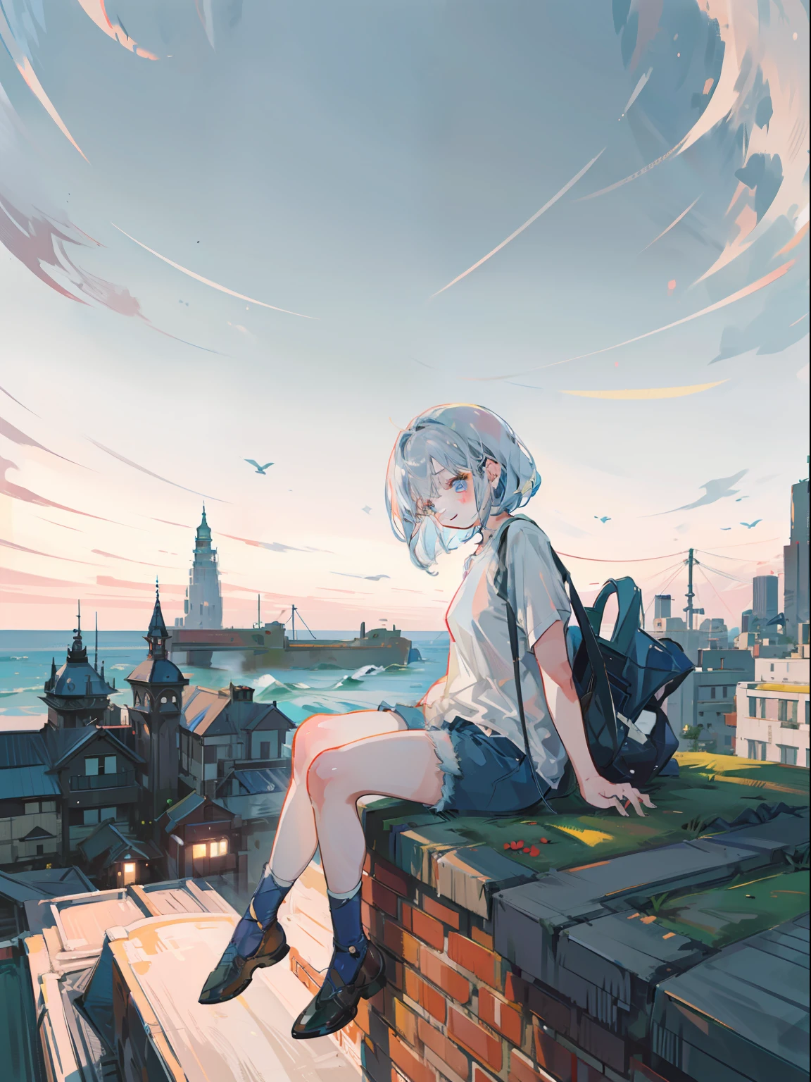 Very beautiful woman sitting on top of a tall building。Smiling。Composition looking down from above。Silver Wave Bob Hair。Shorts and a baggy shirt。Brick cityscape。vast blue sky。Dynamic composition with depth。Extremely high quality、high-level image quality、Extremely delicate drawing。Rarely seen workmanship