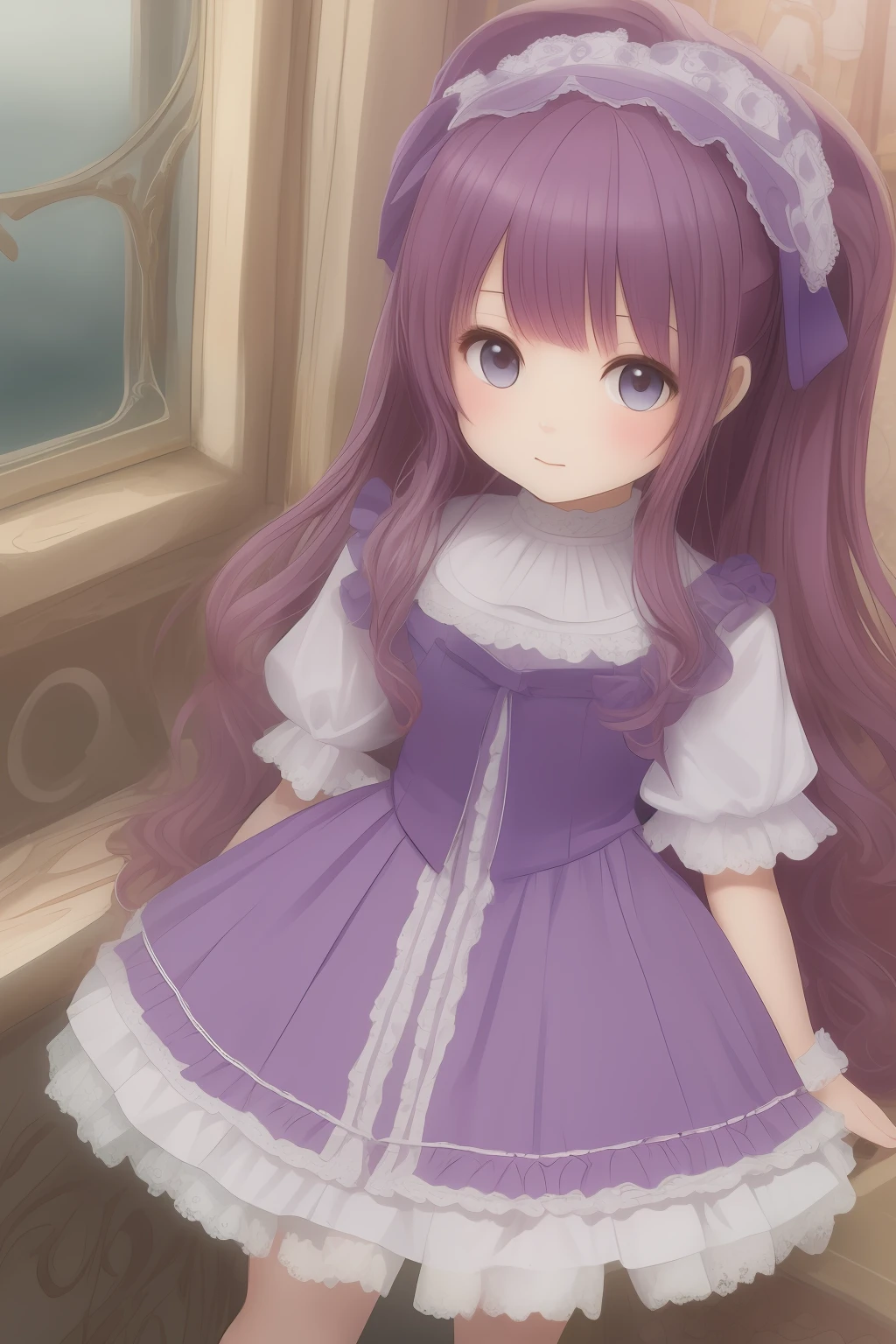 a cute girl with purple curly hair, clothing doll ta lace style: anime --auto --s2