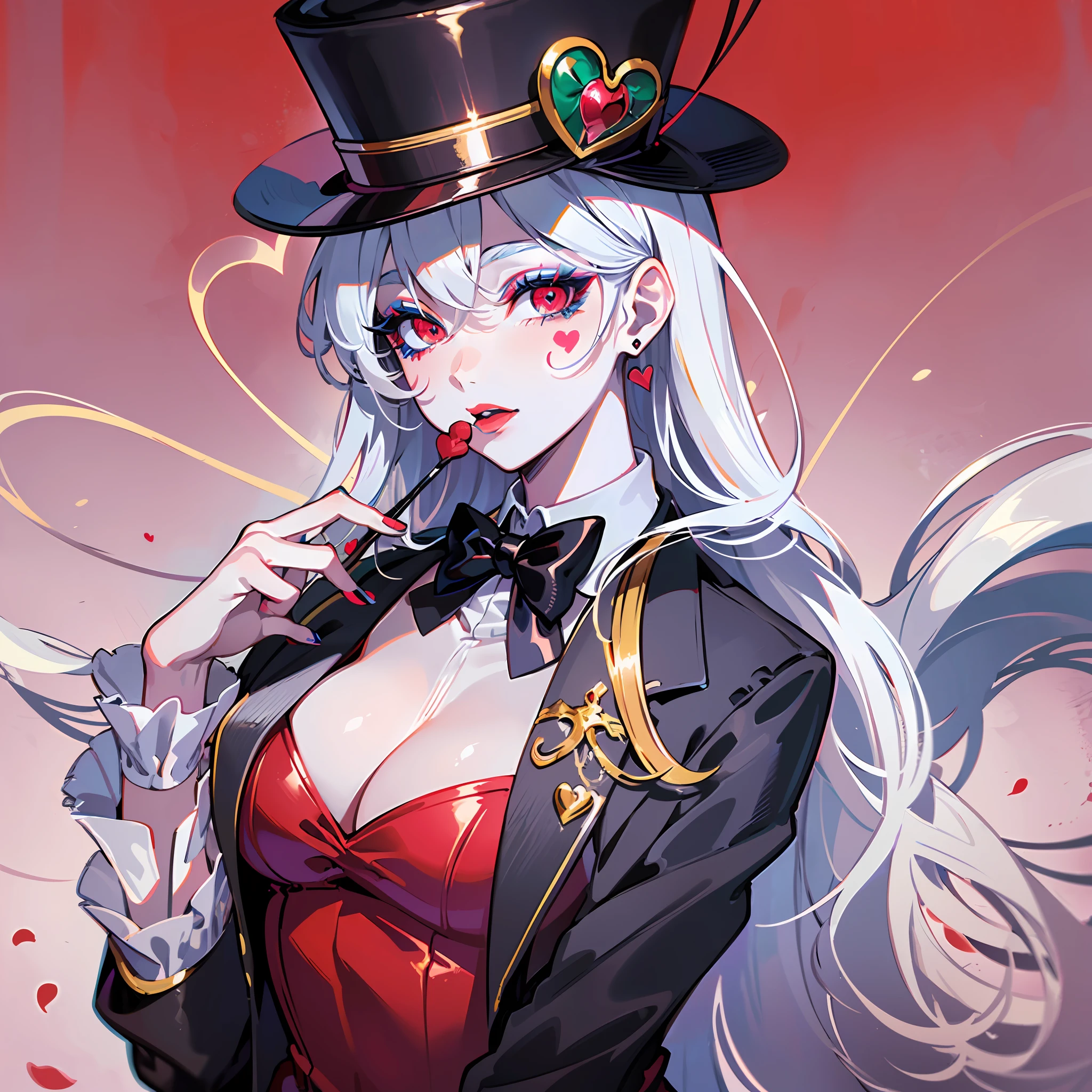 ((Masterpiece)), ((Best Quality)), ((Best Quality)), (Illustration of One Girl), Emerald Green Long Hair, (((Tall)), (White Skin), Red Eyes, Blue Eyeliner, ((Makeup with a heart symbol around the left eye)), ((Tuxedo)), (Top Hat)), Clown, (Circus)