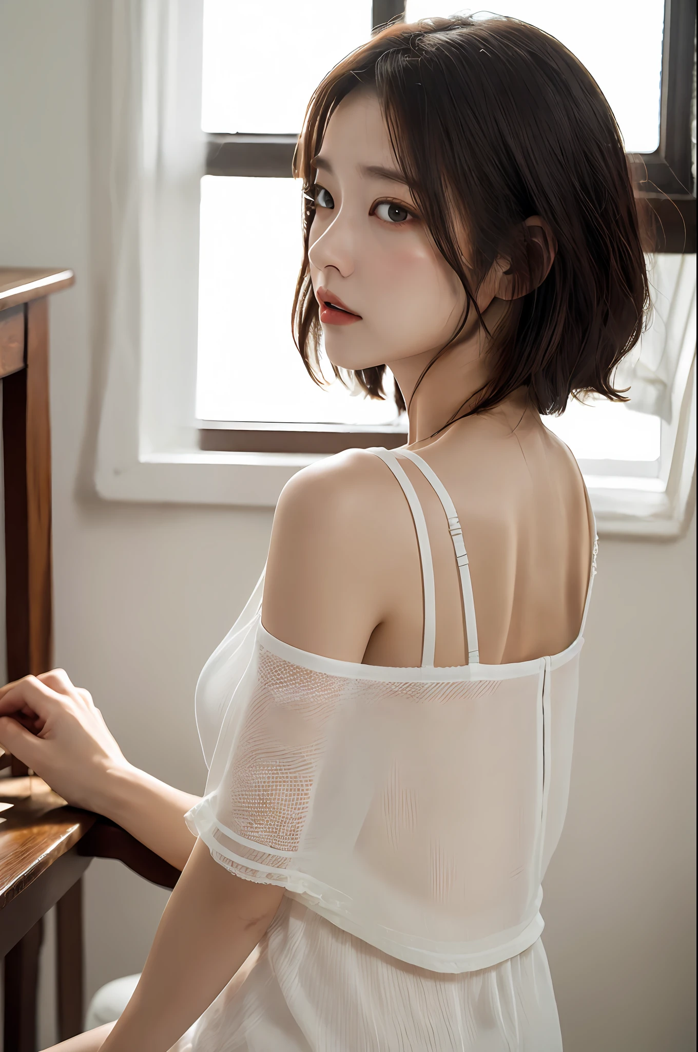 dress, (photograph realistic:1.4), (Ultra photo realsisim:1.4), (realisticlying:1.3),
(Smoother lighting:1.05), (increase cinematic lighting quality:0.9), 32K,
1girll,20岁女孩,realistic illumination,The light from the back window is backlighted,light in face,Ray traching,(Brighten light:1.2),(enchanced quality:1.4),Sit in a high chair,Tong,Expose the ultra-thin sheer gauze garment,short- sleeved,cropped shoulders,exquisite collarbone,Exposed milk,teat,tit,Side breasts,deep v big breasts,
(Best quality real textured skin:1.4),Fine Detailed Eyes,finerly detailed face,finely quality eyes,
(Tiredness, sleepiness, satisfaction:0.0),closeup of face,tee shirt,
(Increased Body Line Mood:1.1),(Increases skin texture and beauty:1.1)
