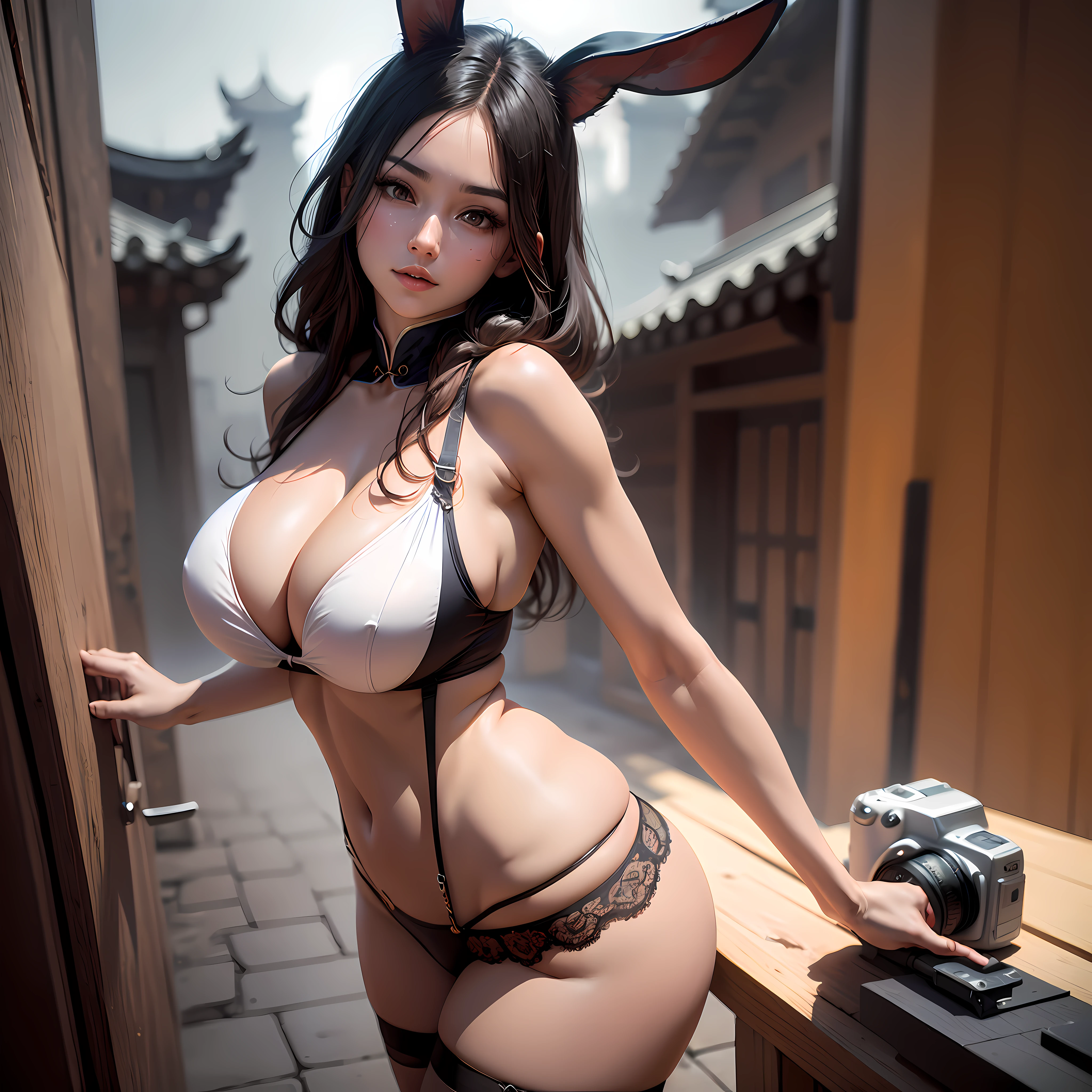 （1girll：1.3）， 独奏， （（（very vey very detailed face））），（（very detailed eyes and faces））），beatiful detailed eyes，Body parts__，offcial art，Unified 8k wallpaper，ultra-detailliert，Beautiful and beautiful，big breasts beautiful，tmasterpiece，best qualtiy，primitive，tmasterpiece，ultra fine photos，best qualtiy，超高分辨率，photorealistic realism，rays of sunshine，full-body portraits，stunningly beautiful，，dynamicposes，delicated face，Vibrant eyes，（From the front side）， She wears a bunny girl suit，Red and black color scheme，black lence stockings，Very detailed background of the roof of ancient Chinese buildings， looking over city，详细的脸，detailed complex busy background，Neatness，opulent，milkyW，highly detailedskin，Realistic details of skin，Visible pores，Clear focus，volume fog，8K  UHD，digital SLR camera，high qulity，filmgrain，White skin of the，gigantic cleavage breasts，Oversized breasts，Sexy big breasts，photo-realism，DL，Chinese Ancient Architecture， --auto