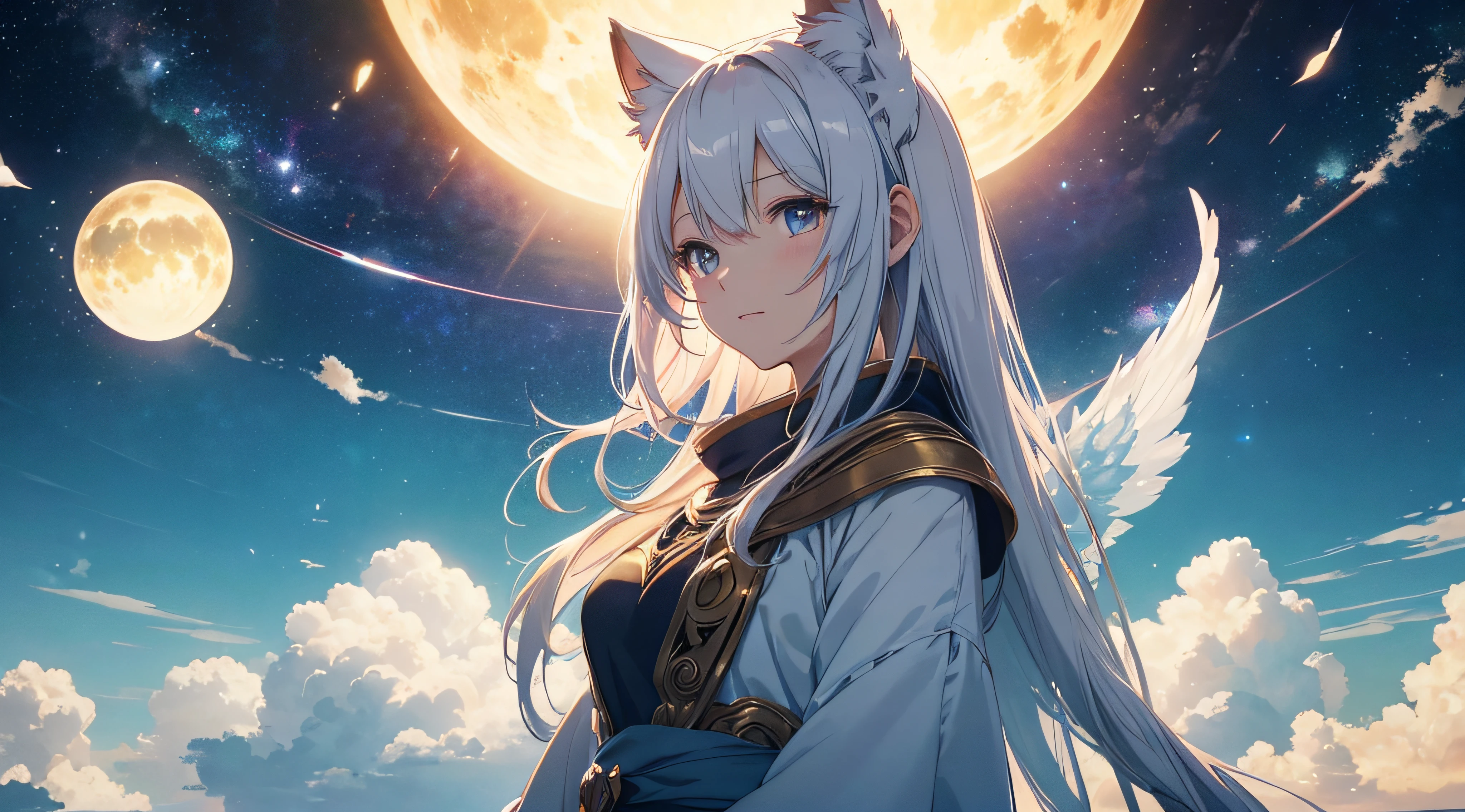 （best qualtiy），（tmasterpiece），（ultra - detailed），（high detal），（The is very detailed），The subject：Anime Sky Dreamland medium：Digital illustration or traditional painting。 resolution：4000x2000 pixels。 Color Palette：Pastel pastel colors blend with vibrant hues。 sentiment：magical、aethereal、peacful。 composition：Wide sky，floating islands，Whimsical clouds and other fantastic elements。 illuminating：Soft and diffuse lighting，It emits a warm golden glow。 styled：style of anime，With a touch of fantasy and surrealism。 the detail：Including meteors、Colorful nebula、Elements such as fluffy clouds and mysterious creatures。 inspiration：Anime fantasy world、studio ghibli movie、Surreal art and celestial images。 camera settings：Nothing（Because it is a digital illustration）。 Additional Notes：Emphasize the vastness and beauty of the sky by creating a sense of depth and space。Try various cloud formations and shapes，From fluffy cumulus clouds to slender cirrus clouds。Combined with satellites、Celestial elements such as stars and galaxies，to enhance the fantastic atmosphere。Use soft strokes and blending techniques，Create a seamless and ethereal look。Use lighting effects，Such as soft sunlight or glowing spheres，Add a magical touch。Consider adding whimsical creatures like wyverns or floating jellyfish，Bring a sense of wonder to the scene。Don't be afraid to let your imagination soar，Create a fantasy world that captures the essence of anime fantasy。 --auto