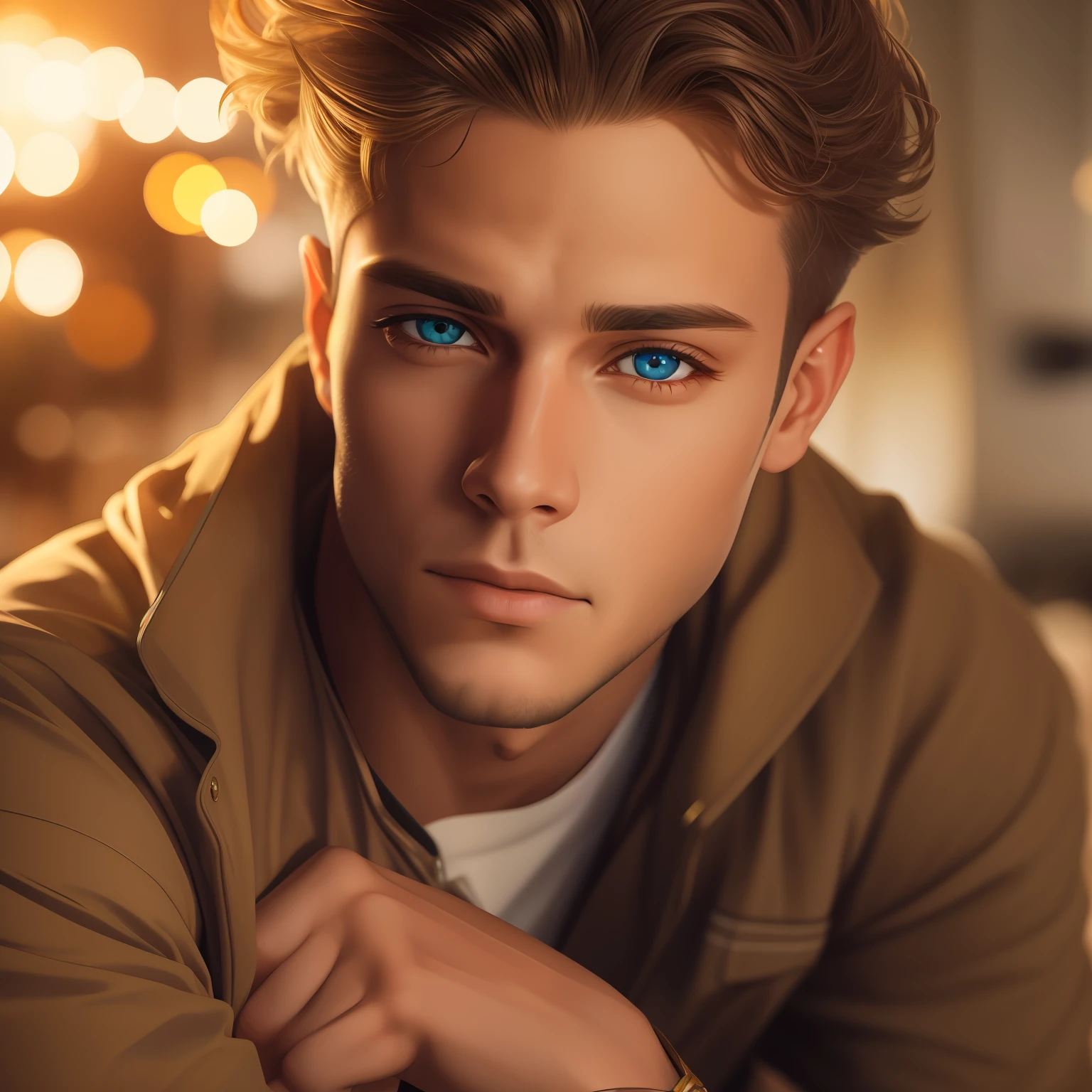 American shot of a handsome boy, intense amber eyes, translucent, with a kind and sexy serene look, very handsome, amber eyes, golden, translucent, sharp, clear lighting, 8k