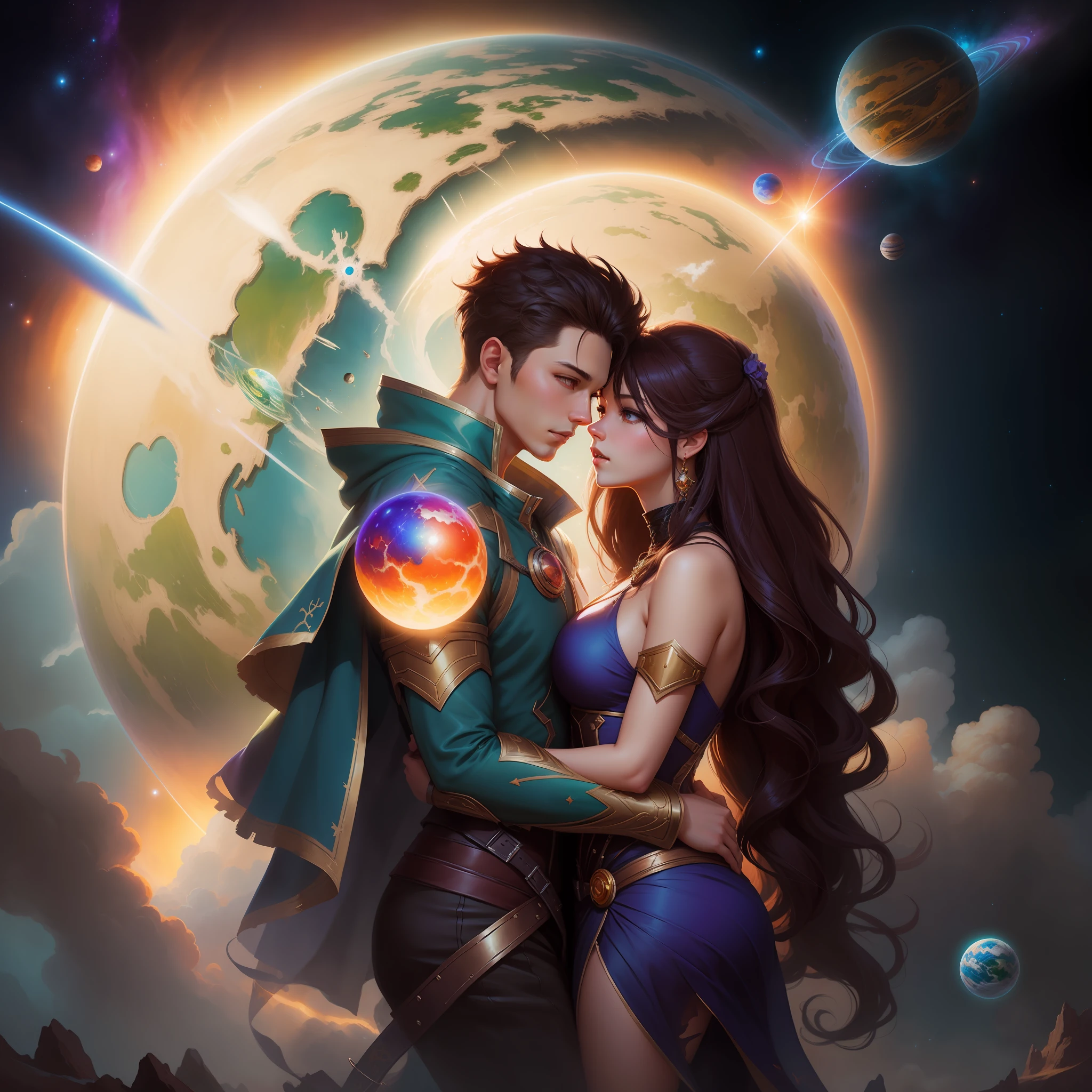 anime couple in space with a planet in the background, fantasy art style, fantasy art behance, wlop and ross tran, charlie bowater and artgeem, high quality fantasy art, epic fantasy digital art style, edgar maxence and ross tran, ross tran and bayard wu, digital fantasy art ), fantasy digital art