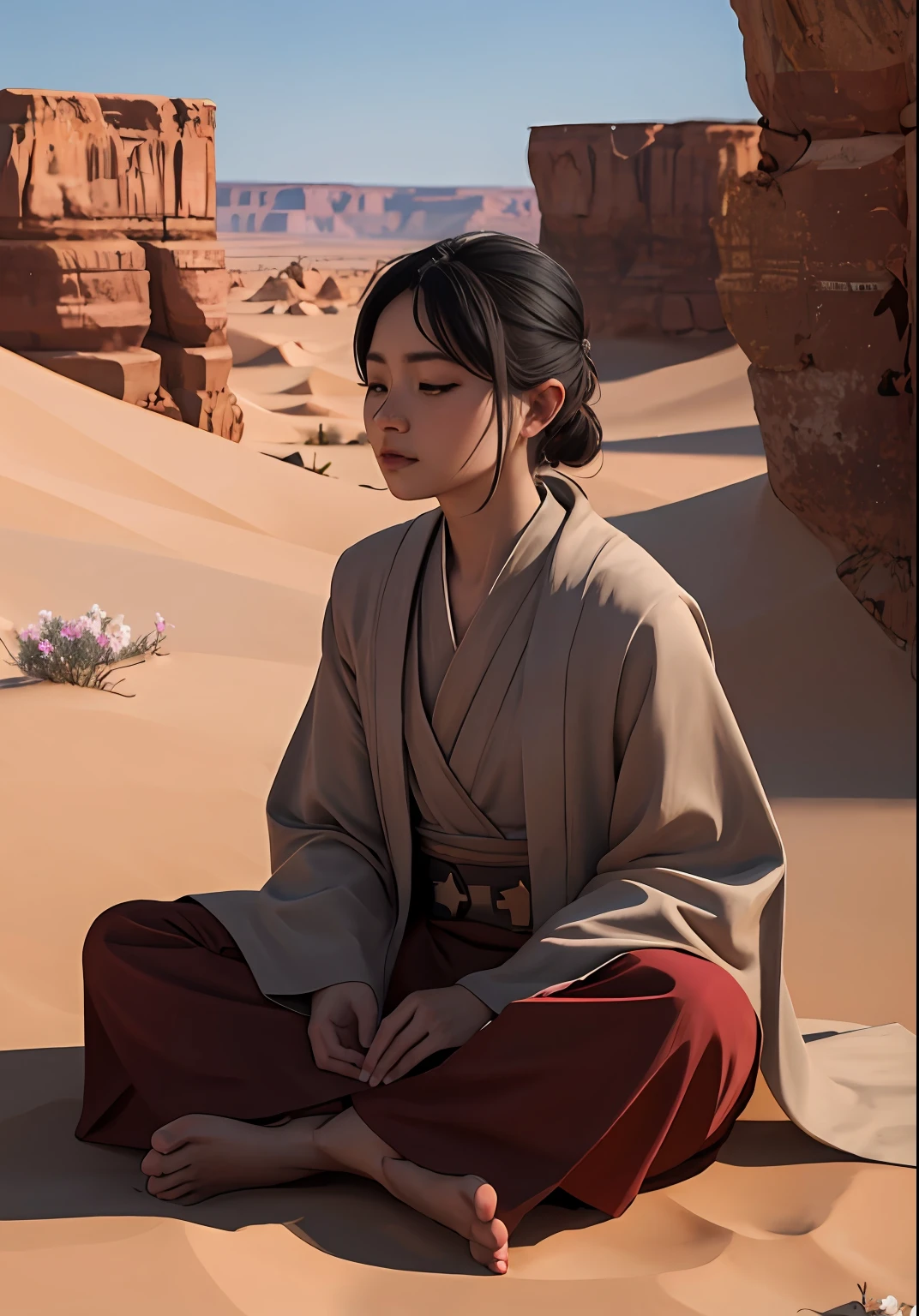 (Jedi meditation:1.3), serene photo,1girl, Jedi master in deep meditation, in jedioutfit, sitting cross-legged, (desert oasis:1.1), surrounded by blooming desert flowers, harmonizing with the Force, spiritual retreat, transcendent tranquility, desert enlightenment, Absurdres, hdr, ultra detailed illustration, extremely detailed face, RAW photo, film grain, skin pores, trending on deviantart