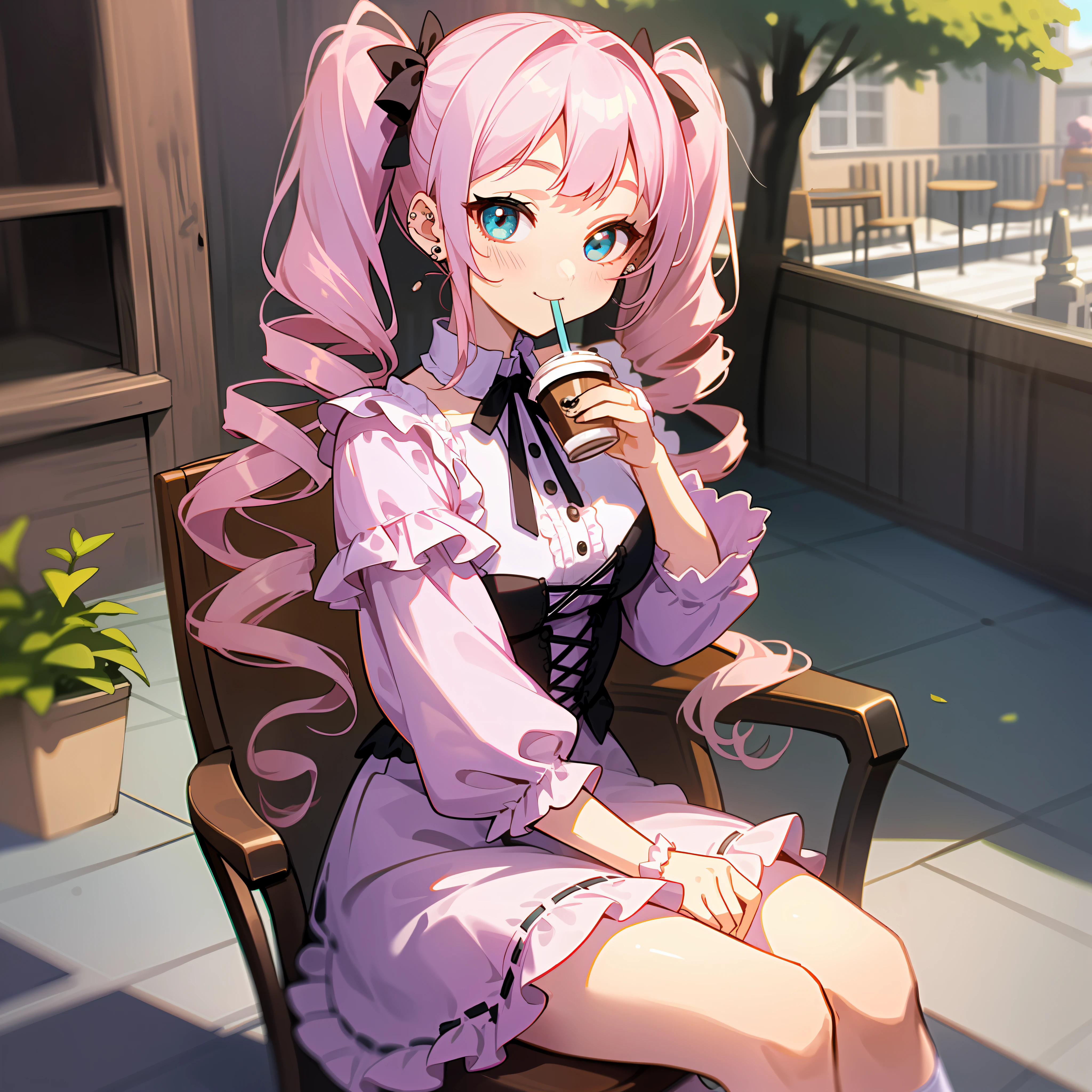 Masterpiece, hyper quality, Hyper Detailed, Perfect drawing,Hi-Res、1girll,ssmile、Loose and fluffy hair、(((drills twintails)))、A pink-haired、Big eyes with double eyelids、lofty nose、blusher(0.2)、small mouth、ear piercings、(((Lolita Fashion)))、Clothes with lots of lace and frills、Dresses in pastel colors、White or pink clothes、Premium Services、Luxury underwear、a miniskirt,knee high socks(:1.5),(garterbelts)、(((cafeteria)))、open terrace、((Terrace seating))、(((Sit on a chair and drink coffee)))、Put your left hand on the saucer、Hold the coffee cup in your right hand、blue-sky、Summer colors、Sunlight、Walking trail、Street Trees、Shooting from diagonally below, portlate、beatiful backgrounds, meticulous drawing, Accurate drawing、Perfect illustration、Perfect Beautiful Girl、high-class sense、