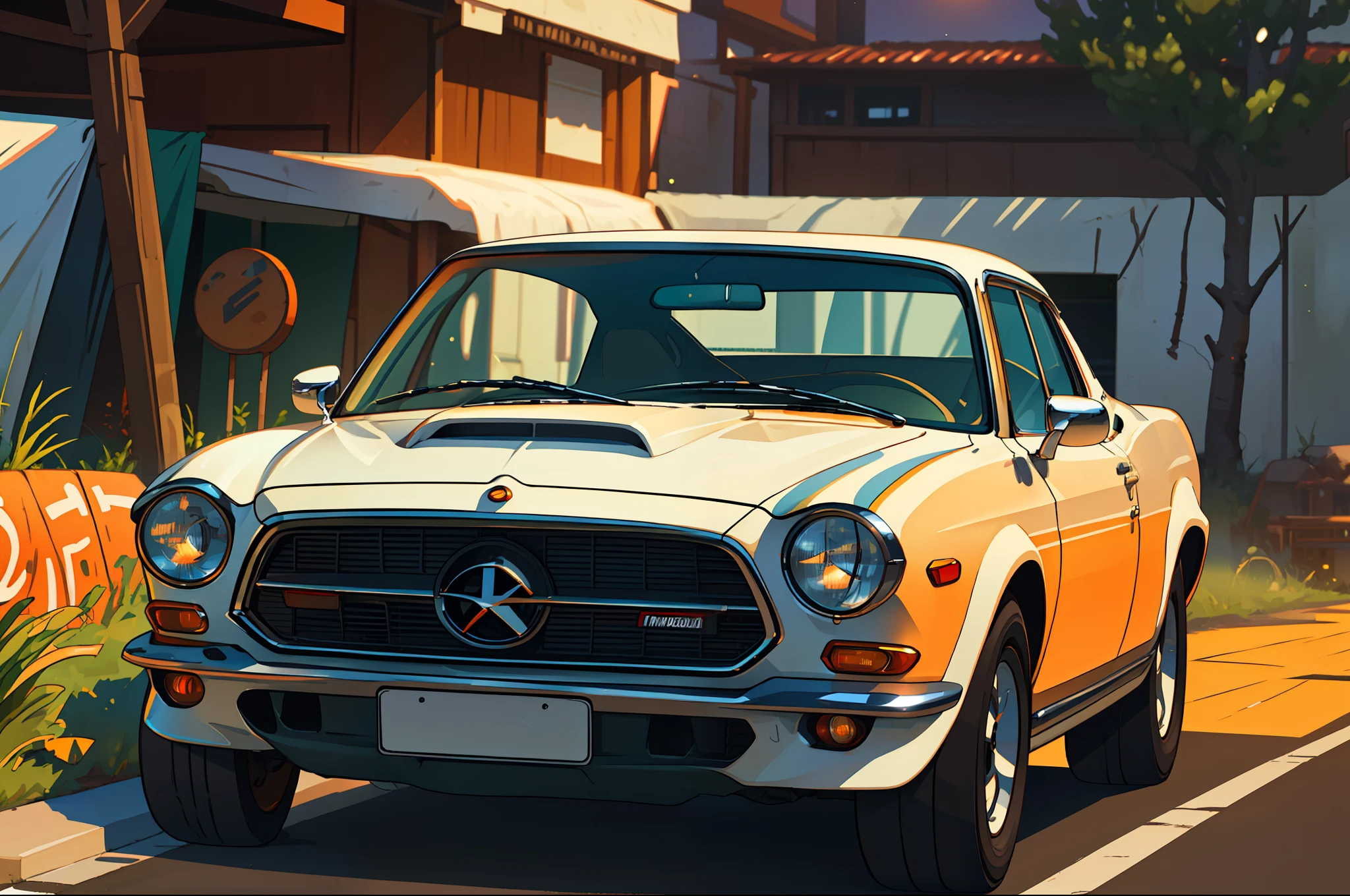 (masterpiece)+, (Best Quality)+, (Intricate Detail)+, design me the most beautiful car in the world, white paint with orange highlights, showroom concept, lens flare, camera artefact, professional photographer, 4k, HDR, longitudinal symmetry