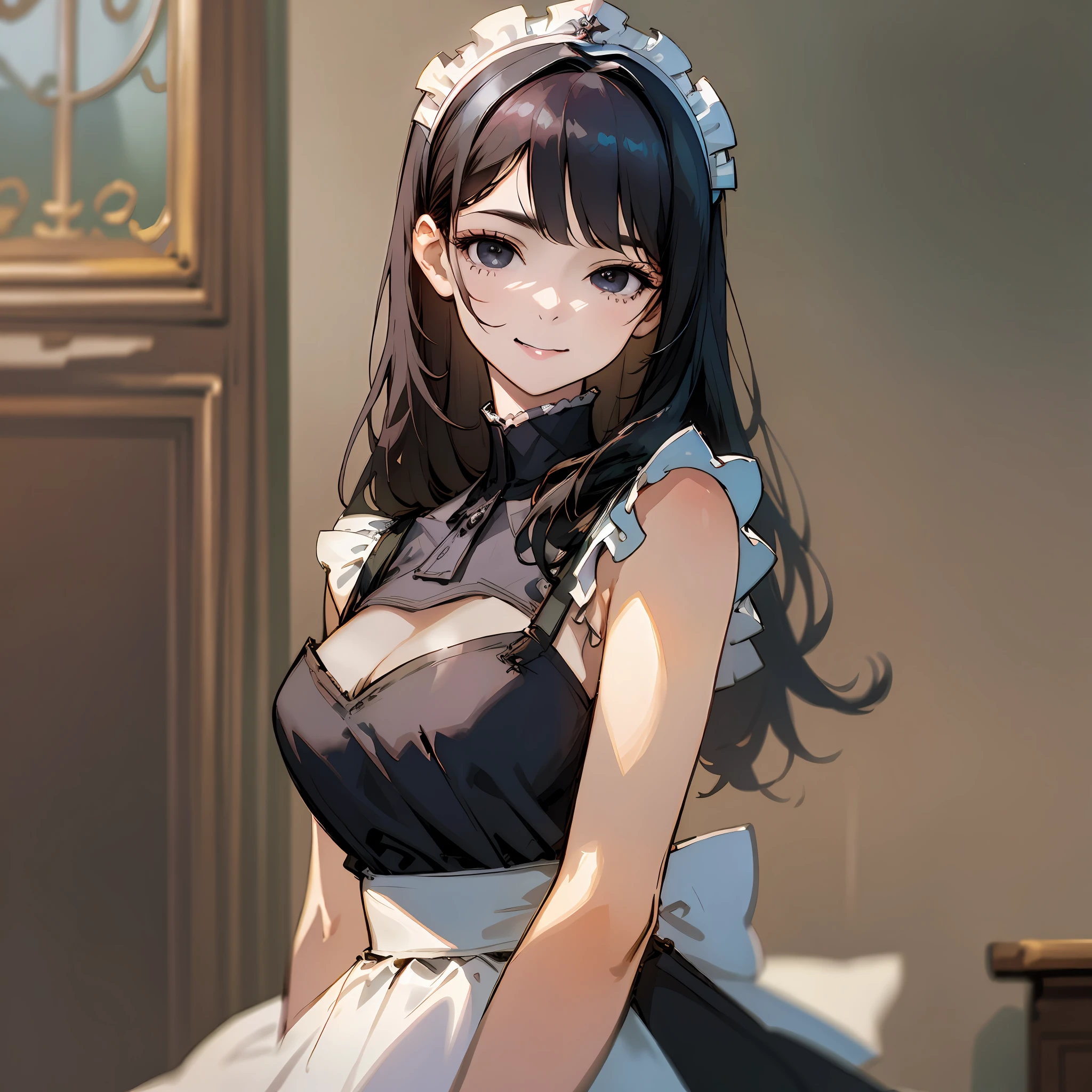 **(best quality, masterpiece) 1 woman, black straight hair, black eyes, dim eyes, medium length chin, black maid's dress, maid's headband, bust shot, large chest, A faint smile that doesn't show teeth, indoor background, blurred background, high detail, modern, anime, Romanticism, drop shadow, image fill, high quality, best quality, HD**