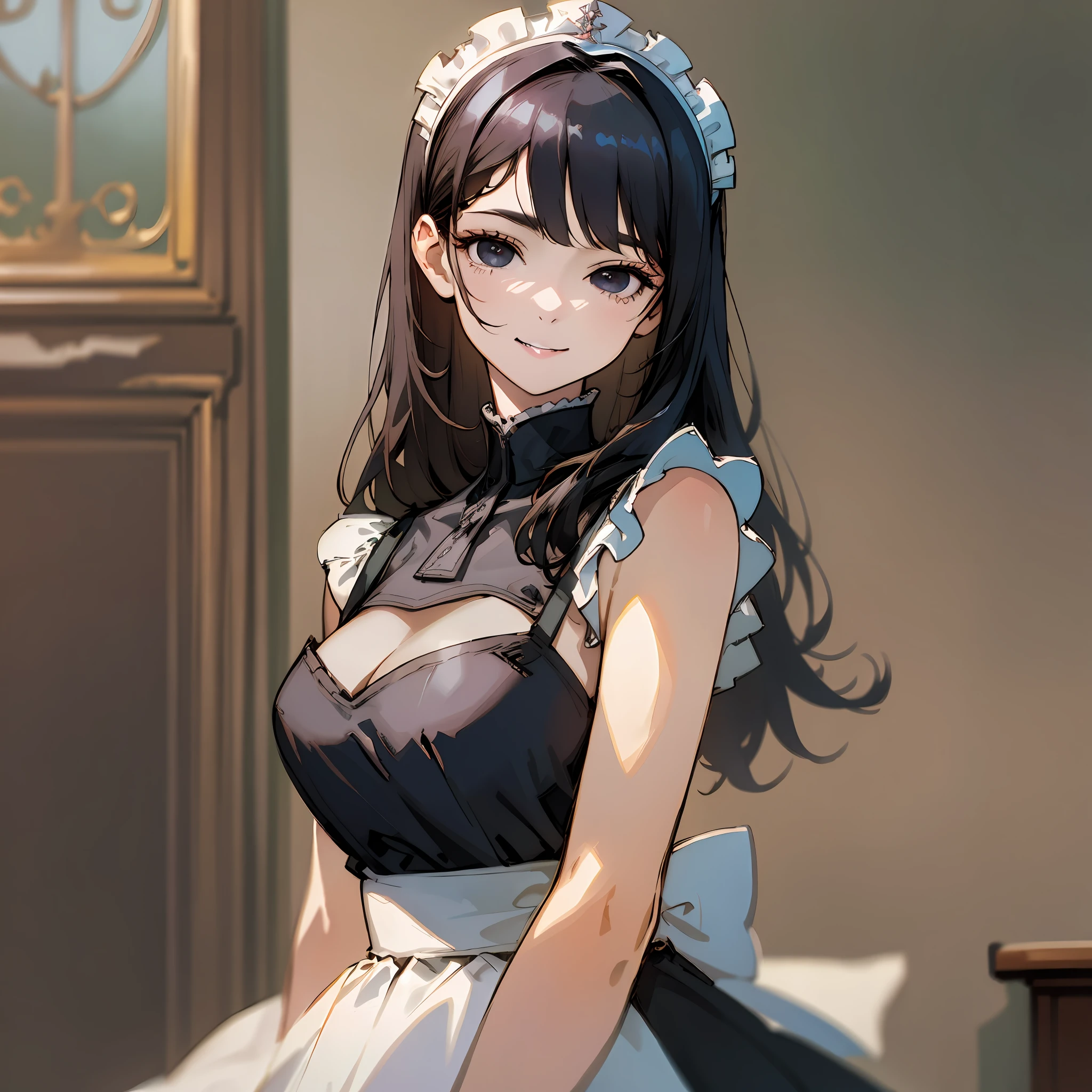 **(best quality, masterpiece) 1 woman, black straight hair, black eyes, dim eyes, medium length chin, black maid's dress, maid's headband, bust shot, large chest, A faint smile that doesn't show teeth, indoor background, blurred background, high detail, modern, anime, Romanticism, drop shadow, image fill, high quality, best quality, HD**