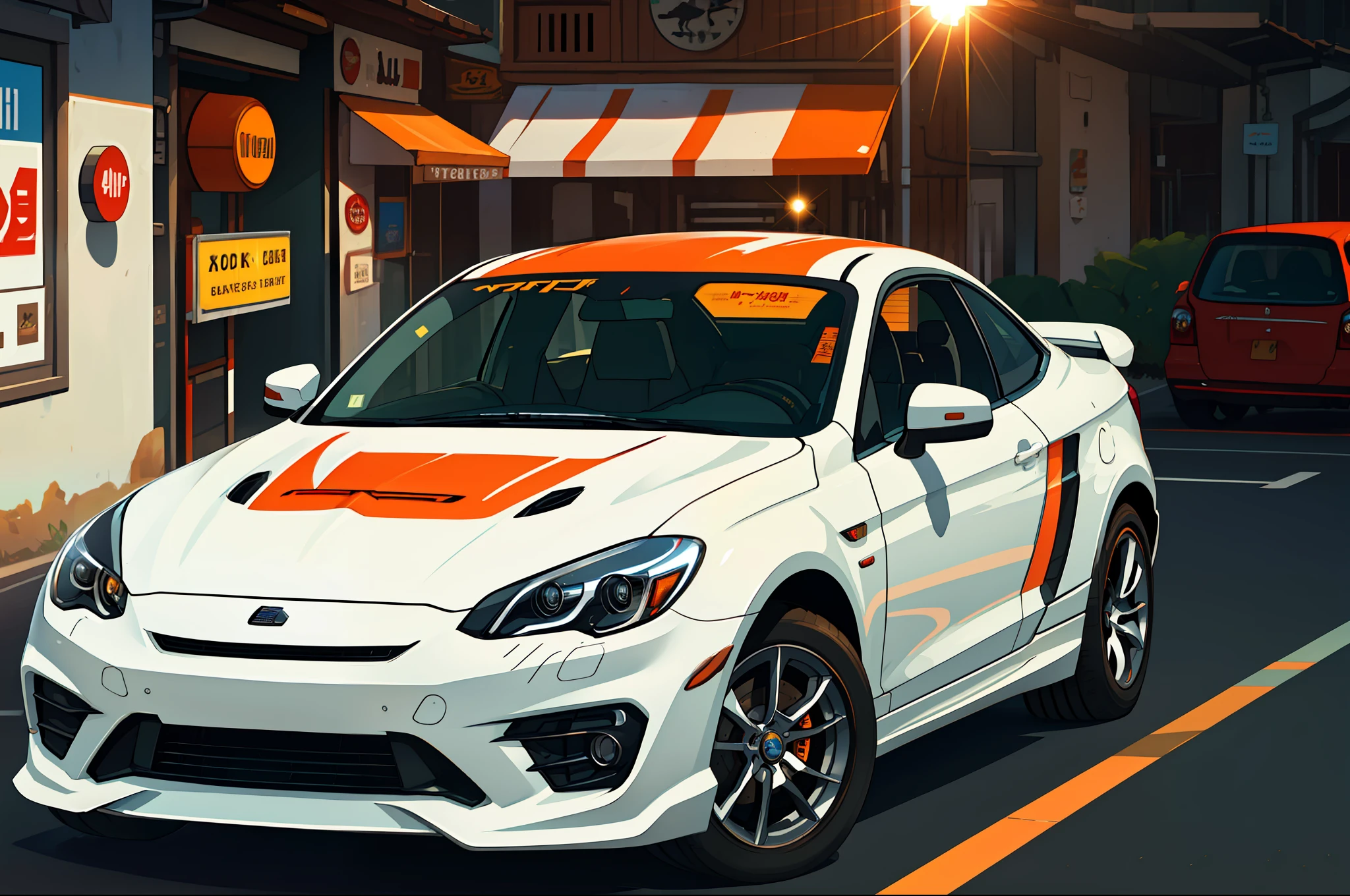 (masterpiece)+, (Best Quality)+, (Intricate Detail)+, design me the most beautiful car in the world, white paint with orange highlights, showroom concept, lens flare, camera artefact, professional photographer, 4k, HDR, longitudinal symmetry