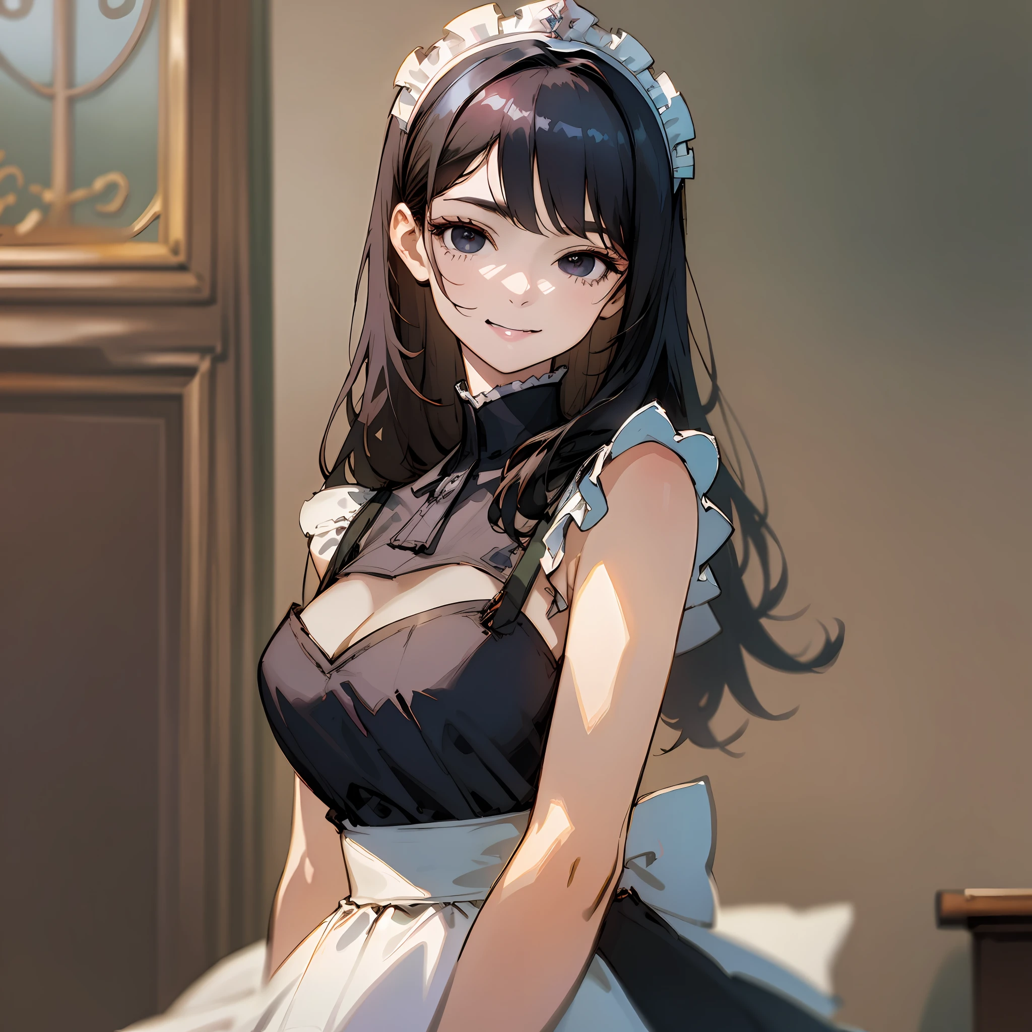 **(best quality, masterpiece) 1 woman, black straight hair, black eyes, dim eyes, medium length chin, black maid's dress, maid's headband, bust shot, large chest, A faint smile that doesn't show teeth, indoor background, blurred background, high detail, modern, anime, Romanticism, drop shadow, image fill, high quality, best quality, HD**