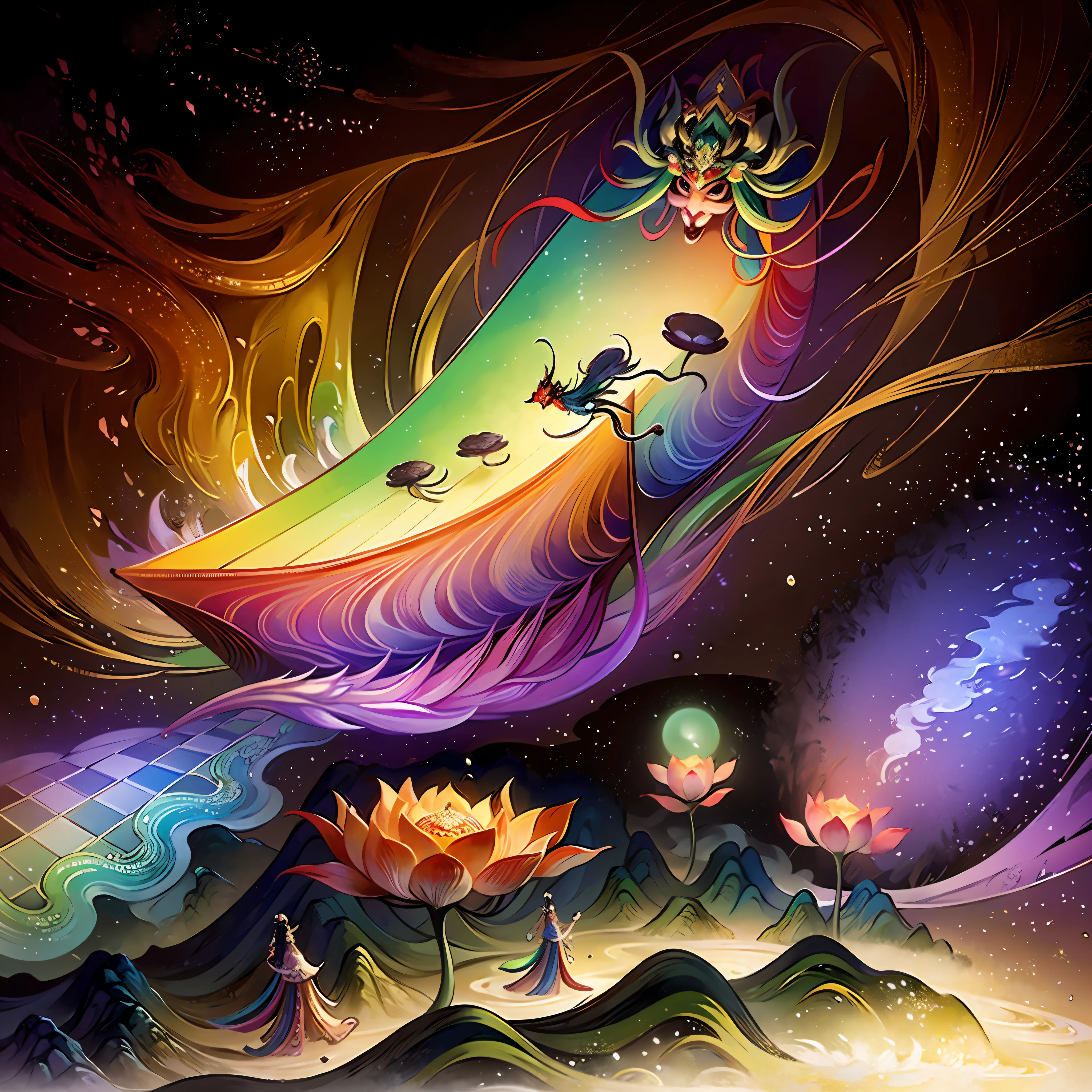 An ancient Chinese painting, ancient Chinese background, mountains, rivers, auspicious clouds, pavilions, sunshine,(psychedelic details),(mushrooms),lotus,(rainbow),(trippy),(DMT),intricate details, more details, high details,masterpieces, super detail, epic composition, ultra HD, high quality, extremely detailed, official art, unified 8k wallpaper,(show full objects ),Super detail, 32k -- v 1.7