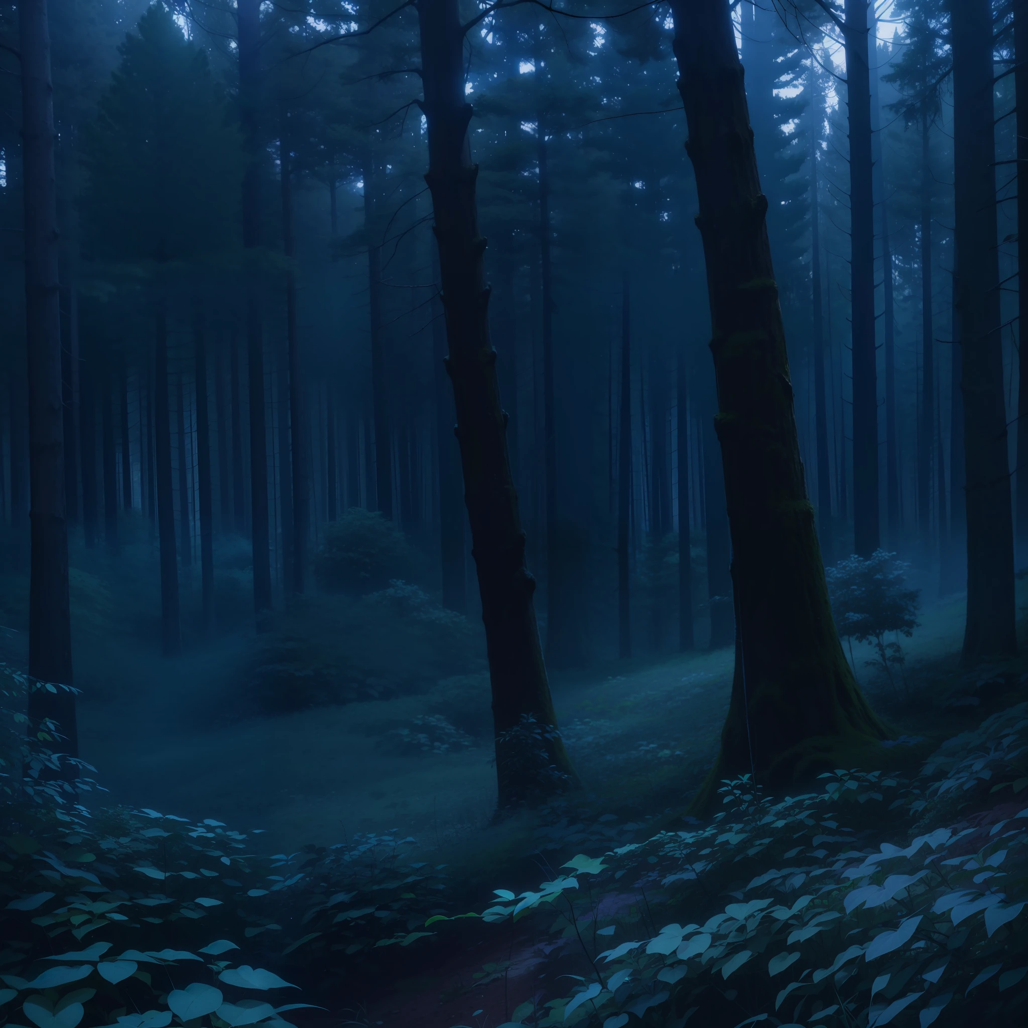 Dense forest with many trees, aspecto sombrio, .RAW, cinemactic, obra-prima, Ambiente noturno e macabro, predominant blue coloration, , 4k, ultra-detalhado
