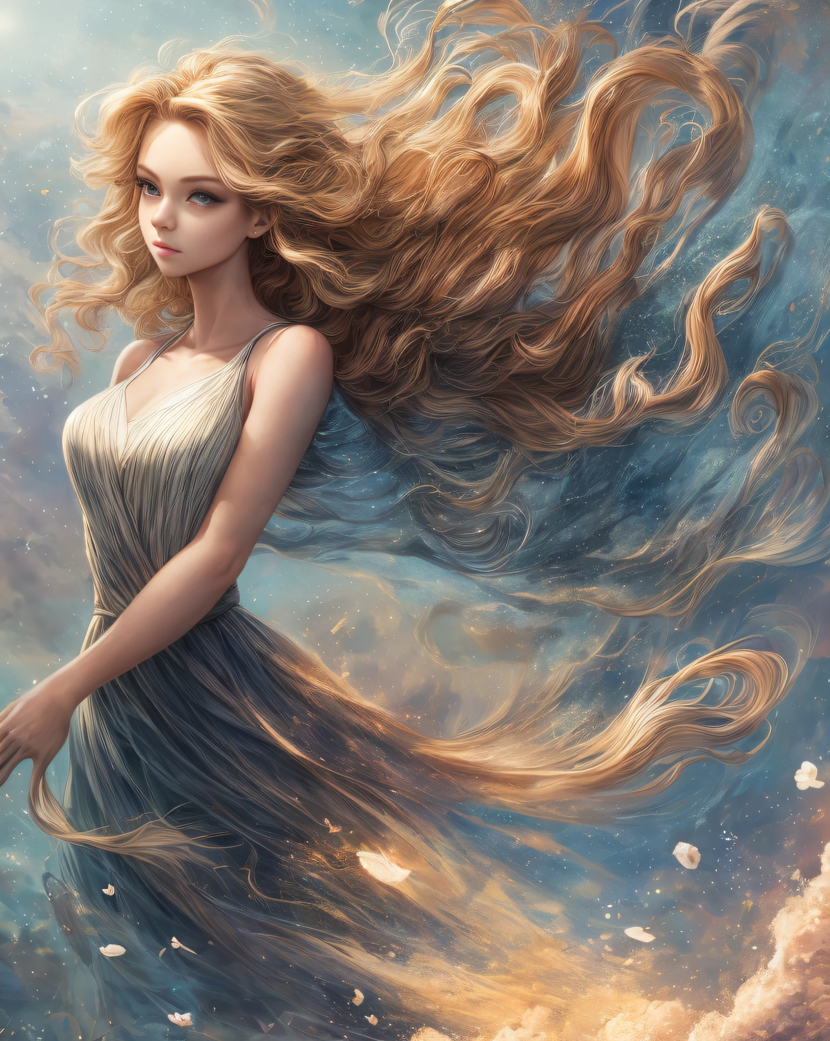(best quality, masterpiece), young woman, pose, particle, wind, flower, upper body, simple background, looking at viewer, long curly windblown blonde hair, galaxy,backlit,rimlight,beautiful artwork,perfect composition