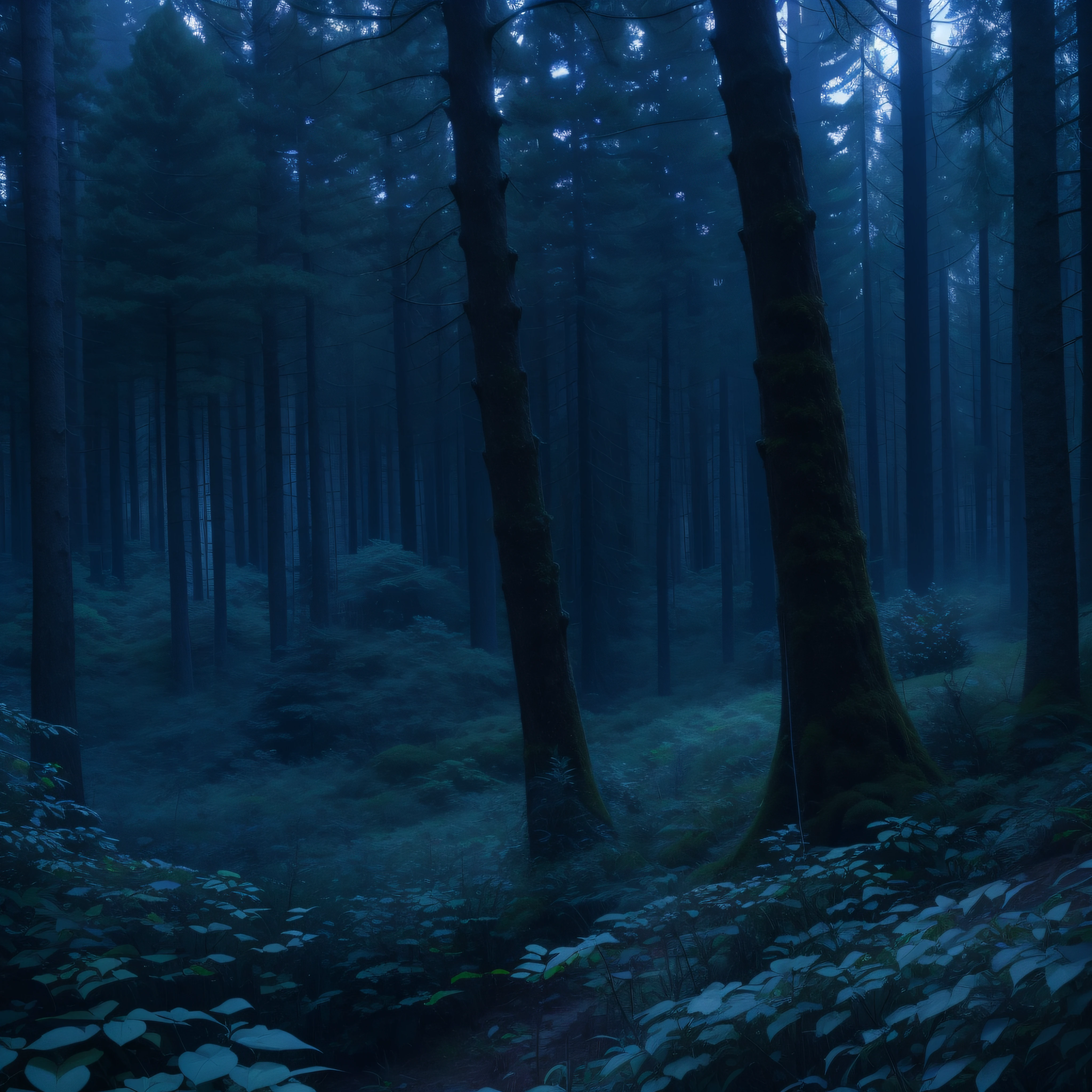 Dense forest with many trees, aspecto sombrio, .RAW, cinemactic, obra-prima, Ambiente noturno e macabro, predominant blue coloration, , 4k, ultra-detalhado