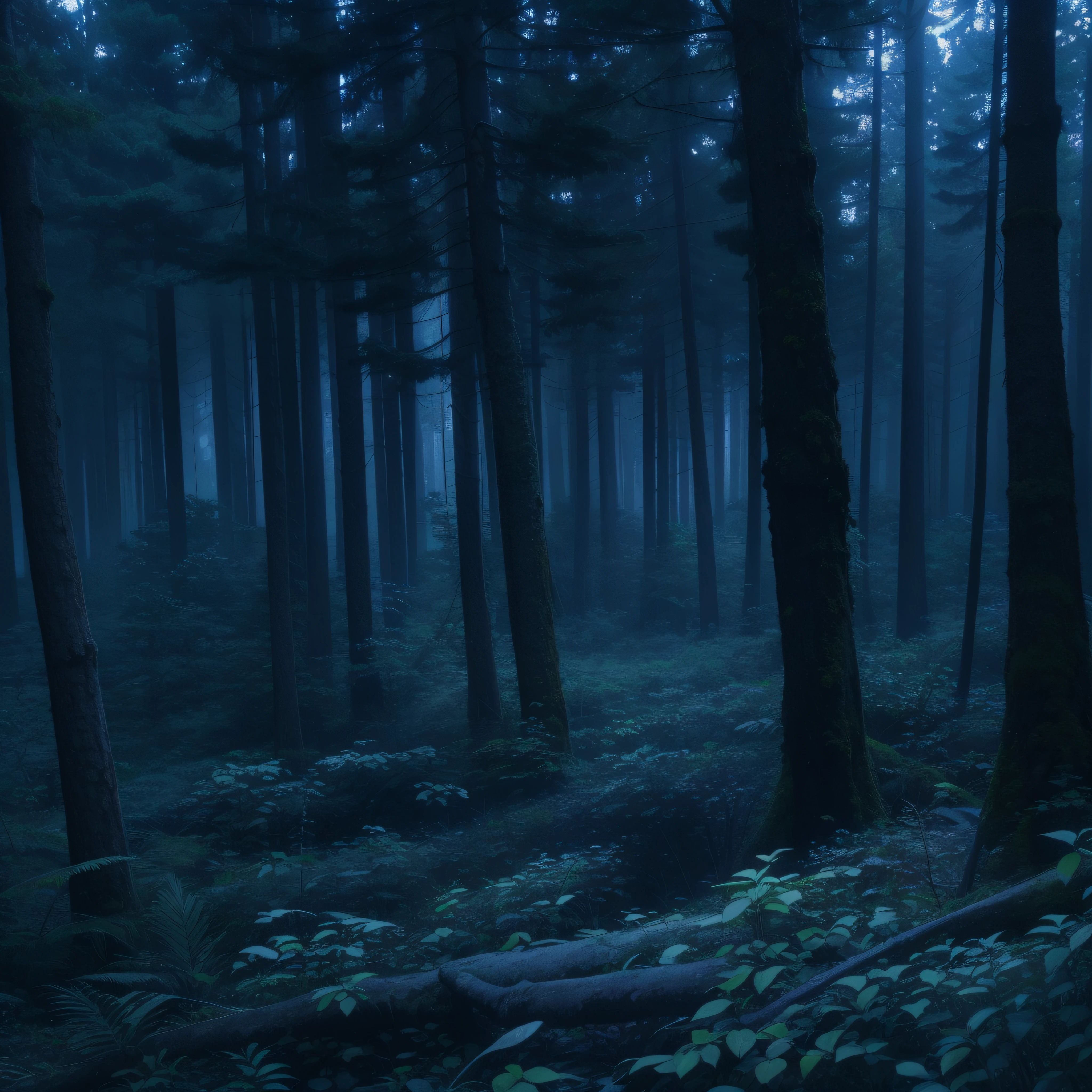 Dense forest with many trees, aspecto sombrio, .RAW, cinemactic, obra-prima, Ambiente noturno e macabro, predominant blue coloration, , 4k, ultra-detalhado