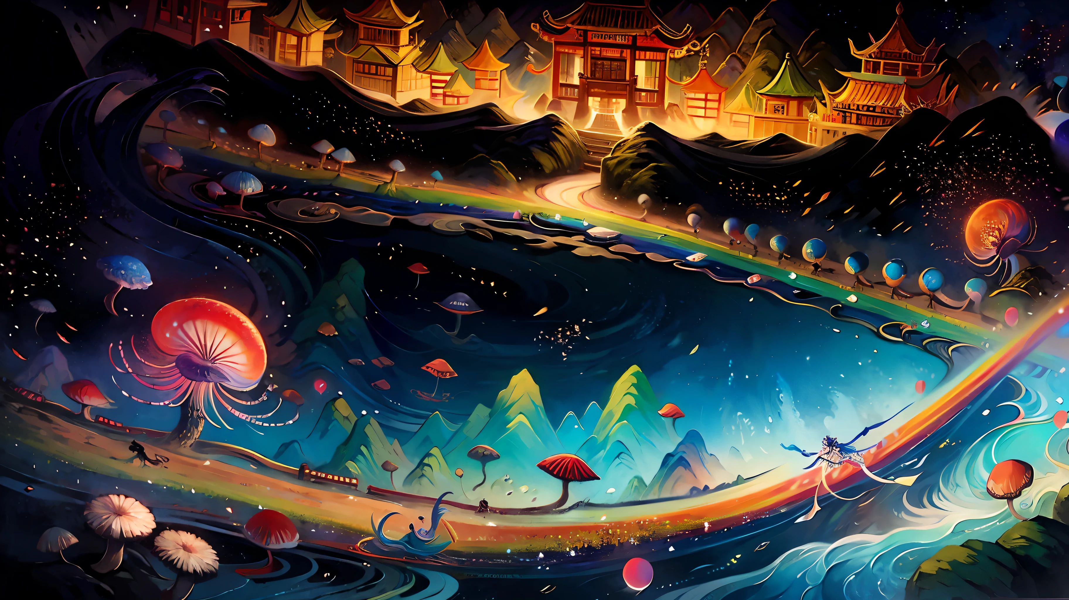 An ancient Chinese painting, ancient Chinese background, mountains, rivers, auspicious clouds, pavilions, sunshine,(psychedelic details),(mushrooms),(rainbow),(trippy),(DMT),intricate details, more details, high details,masterpieces, super detail, epic composition, ultra HD, high quality, extremely detailed, official art, unified 8k wallpaper, Super detail, 32k -- v 6