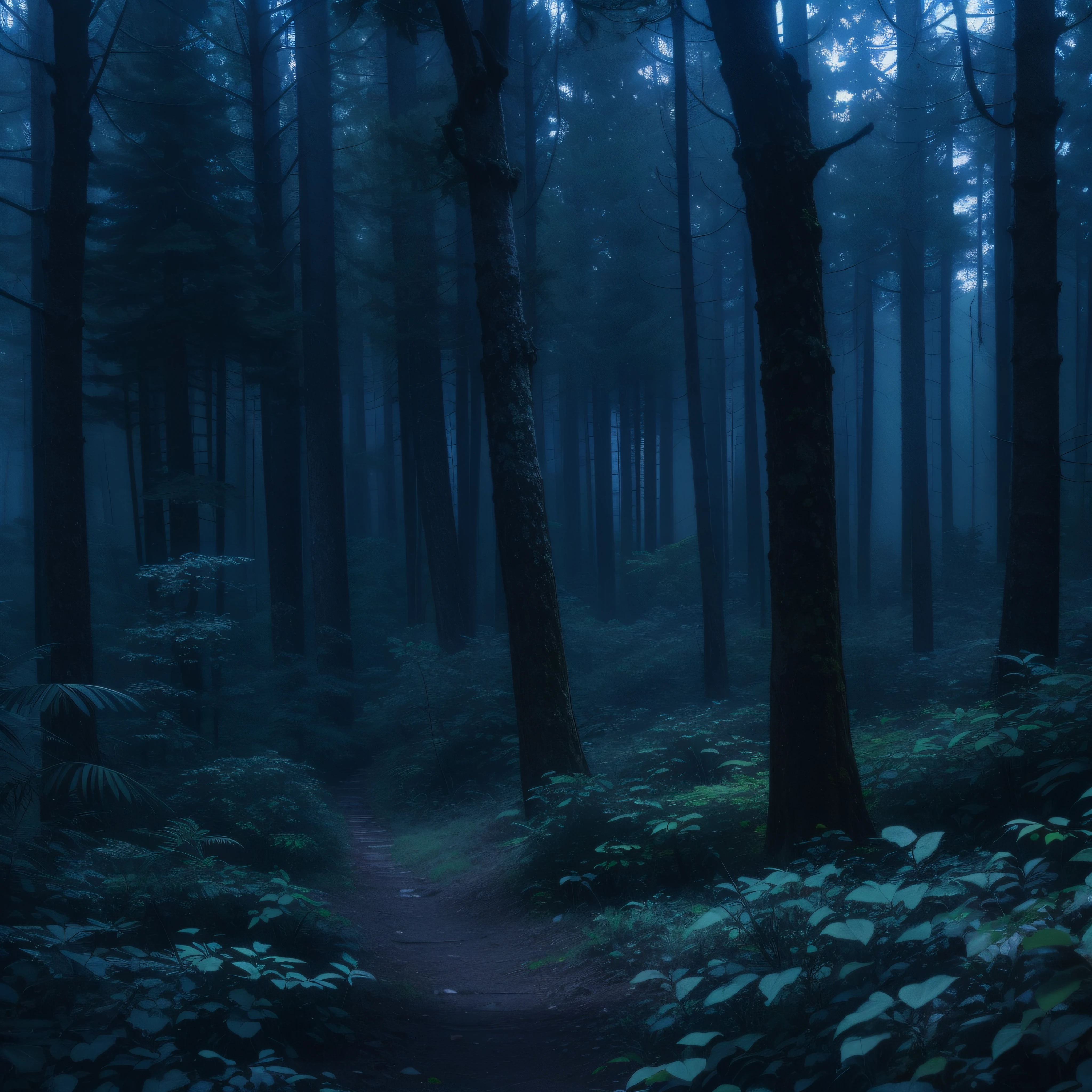 Dense forest with many trees, aspecto sombrio, .RAW, cinemactic, obra-prima, Ambiente noturno e macabro, predominant blue coloration, , 4k, ultra-detalhado