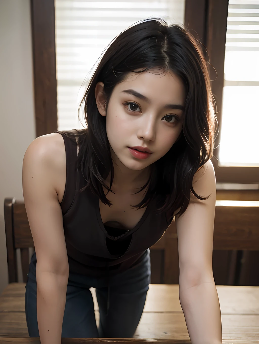 RAW PHOTO,Masterpiece, best quality,16k, intricate, highres absurdres, realistic,2girls, study room, computer in back,2girls, curvy body, (bend forward), looking at viewer,close to each other, light smile, textured skin, realistic skin,wavy hair,short hair, Instagram pose,model shoot pose, depth of field, detailed face,ulzzang-6500, pureerosface_v1