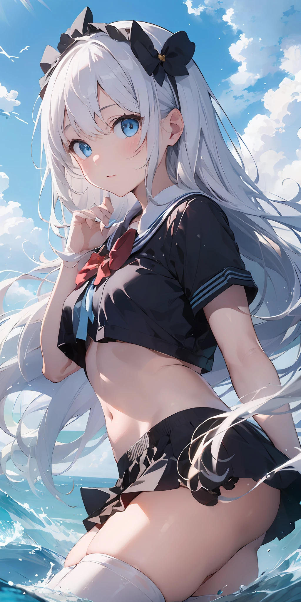 1girl, beautiful detailed eyes, long white hair, light blue eyes, school uniform, high white stocking, lustrous skin, seaside, beach, waves, high contrast, ((masterpiece, best quality))