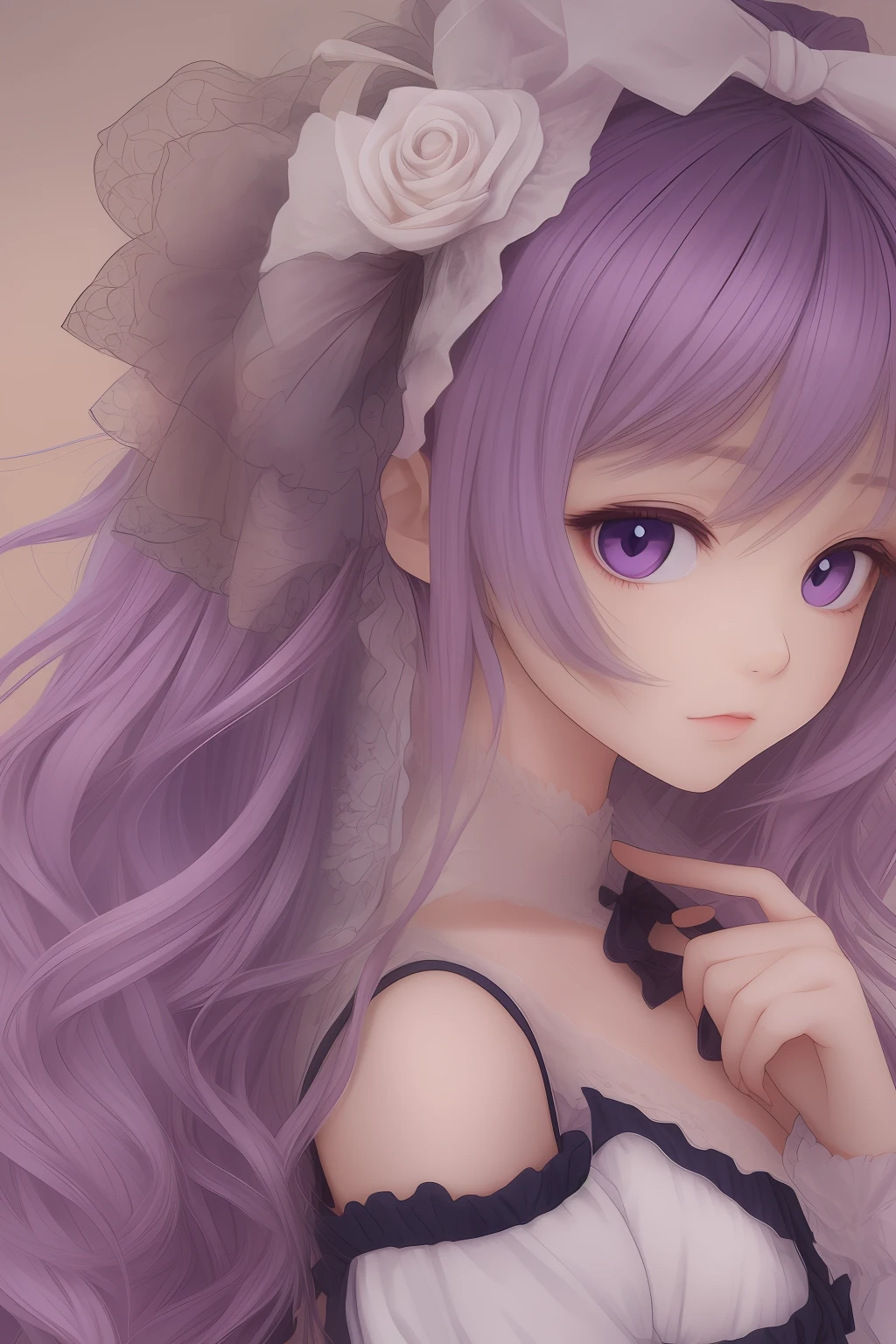 a cute girl with purple curly hair, clothing doll lolita lace style: anime --auto --s2