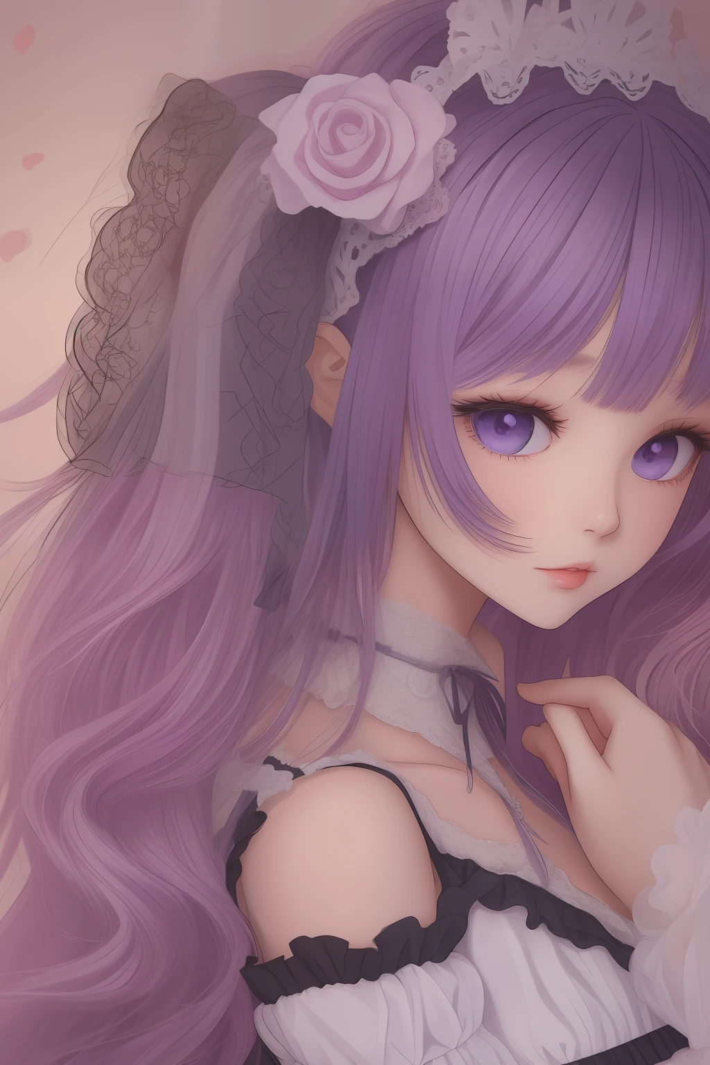 a cute girl with purple curly hair, clothing doll ta lace style: anime --auto --s2