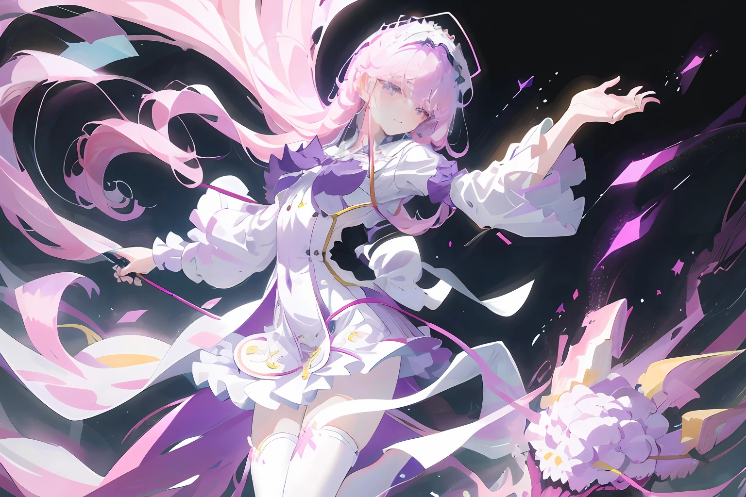 (resoulution ultra-fine CG unity 8k wallpaper,A Masterpiece,Bestquality,Hyperdetailed,The details are intricate),(Best Illumination,best shadows,Extremely refined and beautiful),Bloom,afloat,High Saturation,Perfect female body dynamic angle,( 1 girl Girl), gorgeous, sangonomiya kokomi, looks at the viewer, Light smile, Purple eye, headdress, Gradient hair, PINK HAIR, long long hair, Bow, White printed stockings,Purple bow,Hyperdetailed,fulllllbody