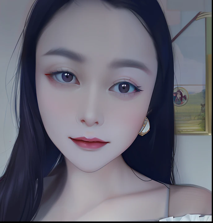 There was a woman with long black hair,White top, ulzzangs, xintong chen, Korean symmetrical face, 8K selfie bust photo, wenfei ye, pale round face, beautiful aesthetic face, with round face, xision wu, Korean girl, porcelain white face, yanjun cheng, 2 2 years old, 19-year-old girl,