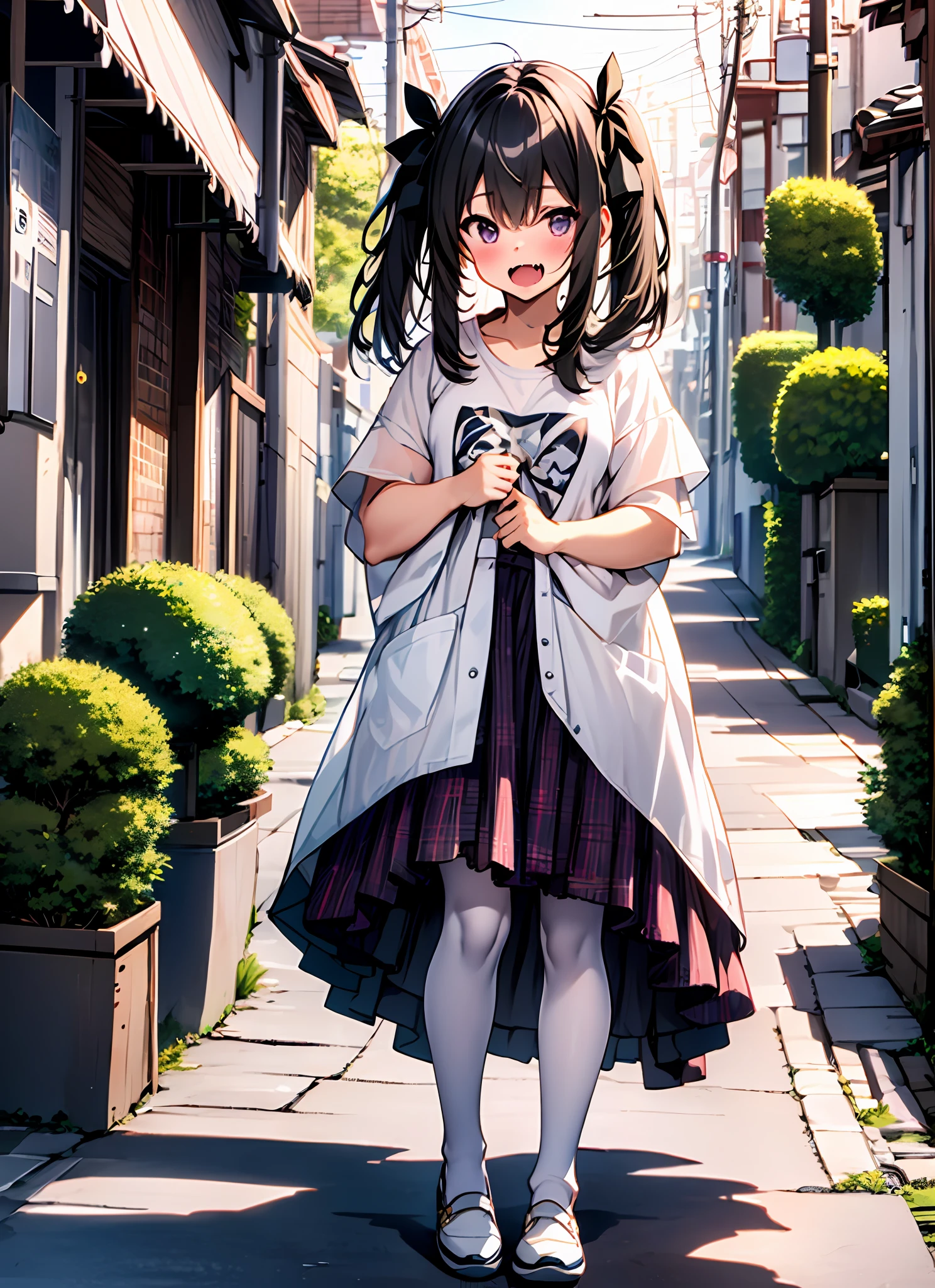 {{tmasterpiece}}， illustratio， best qualtiy， the Extremely Detailed CG Unity 8K Wallpapers，1girl_solo， full_body， from_below， looking_at_viewer， looking_down，（Shoes are not included： 1.3）， trpical garden， 人物，White hair, double tails，black hair, shy, fang out, torogao， white hair ribbon， （white see-through panties）， Close-up of feet， Hair_ribbon， strong rimlight， florals，Carmelto，tee shirt，pleatedskirt， （White panty hose：1.3），Spread legs